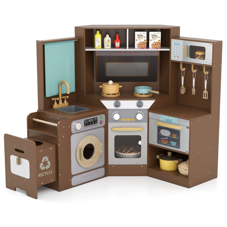 Hivvago Corner Kitchen Toys with Lights and Sounds Pull-out Trash Can Stoves