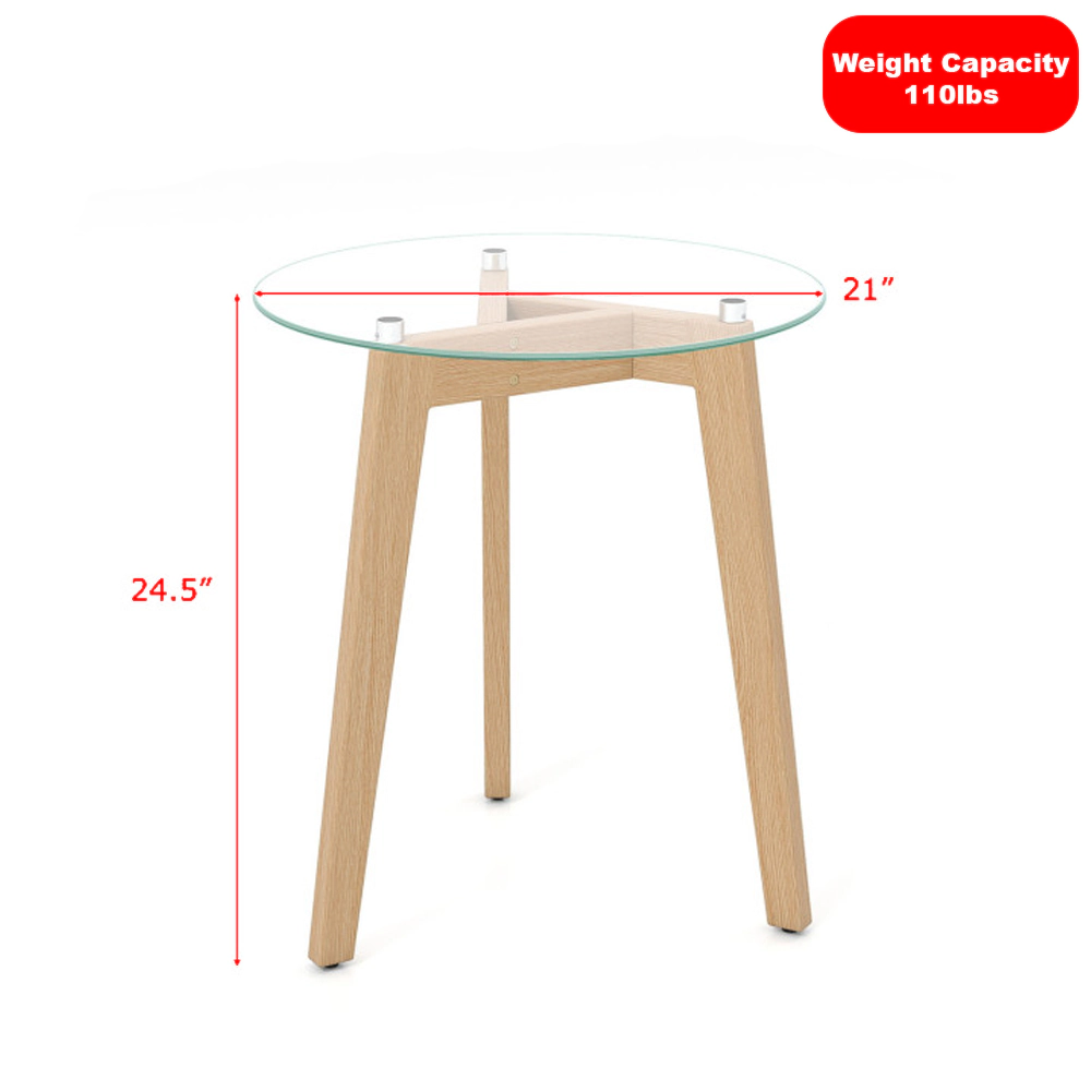Hivvago Round End Table with Tempered Glass Top and Sturdy Solid Rubberwood Frame