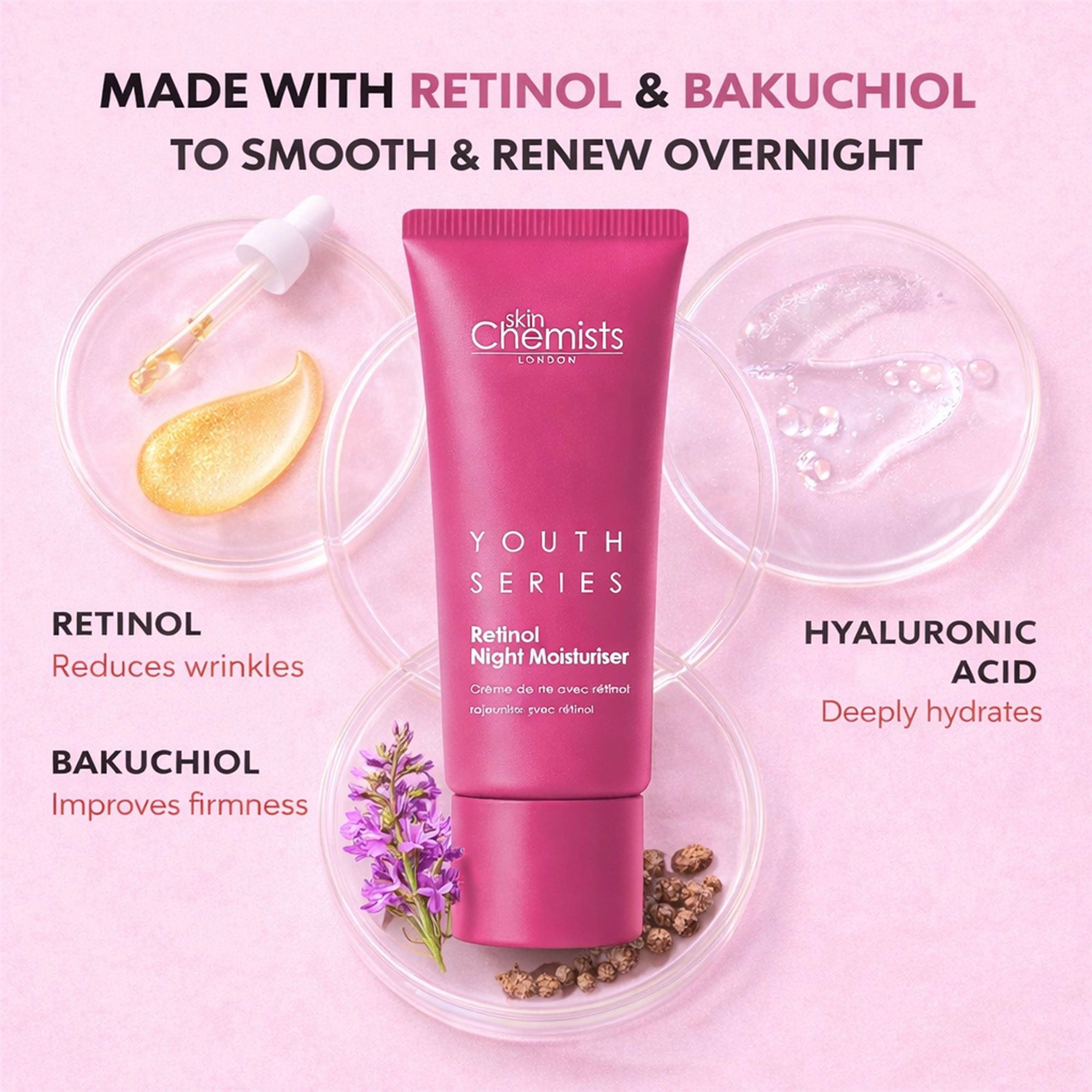 skinChemists Retinol Bakuchiol Anti-Ageing Night Moisturiser 50ml - Firms, Smooths Fine Lines & Reduces Wrinkles