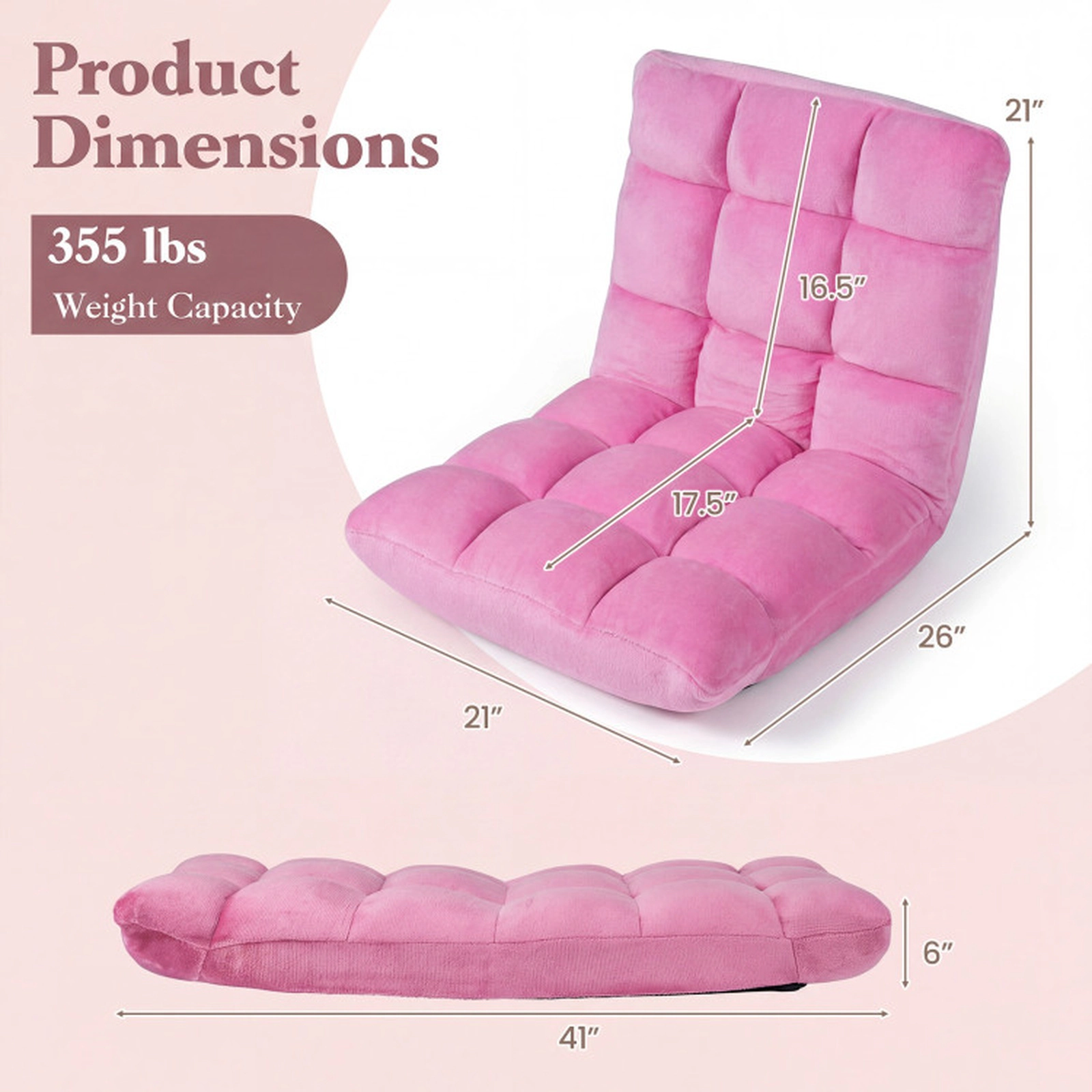 SUGIFT 14-Position Adjustable Backrest Padded Flannel Folding Floor Chair 41.5-in x 22-in x 6-in 200-lb Capacity Pink