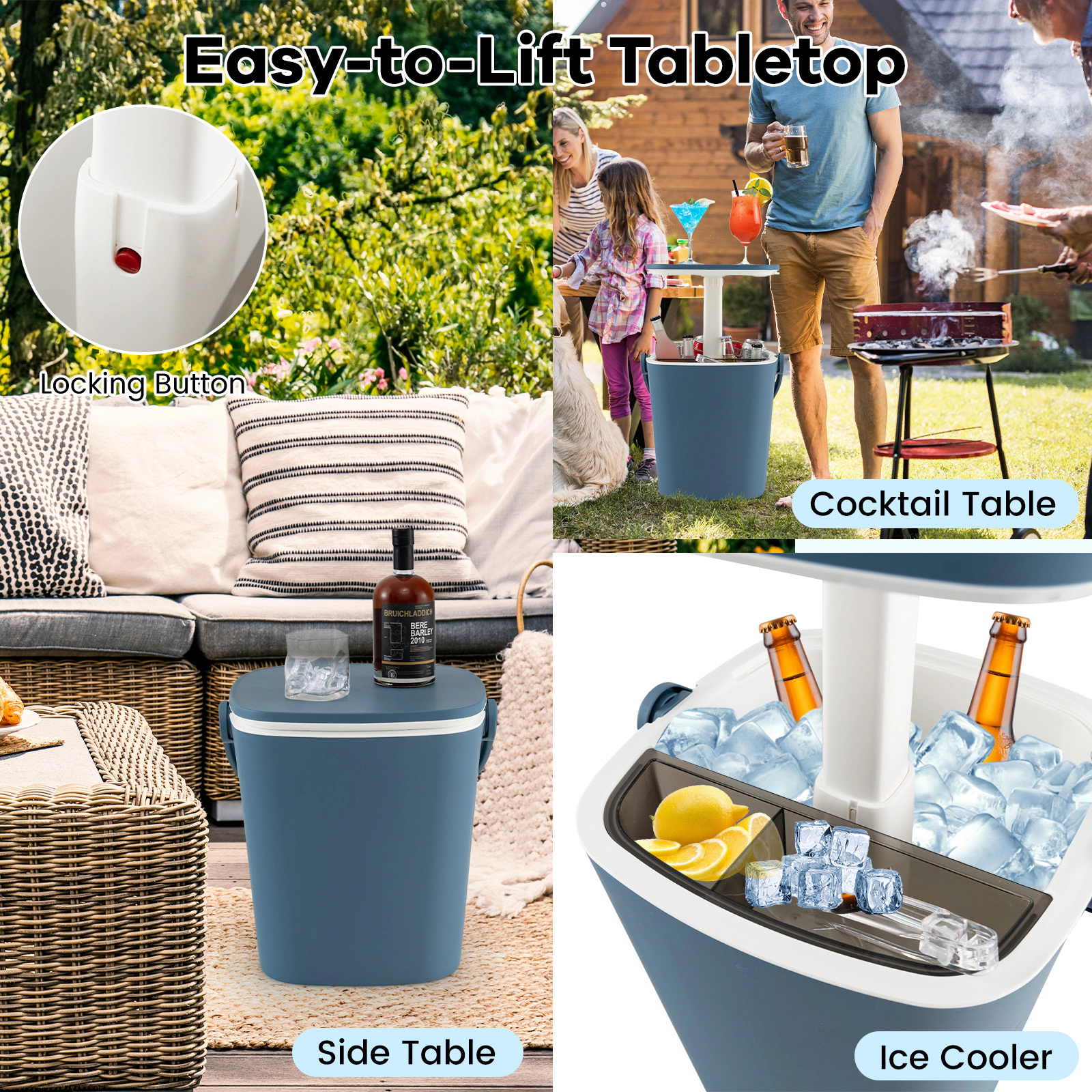 SUGIFT 3-in-1 Outdoor Cooler Side Table, Blue, 4-Gallon Capacity, Lift-Top Lid, Bottle Opener