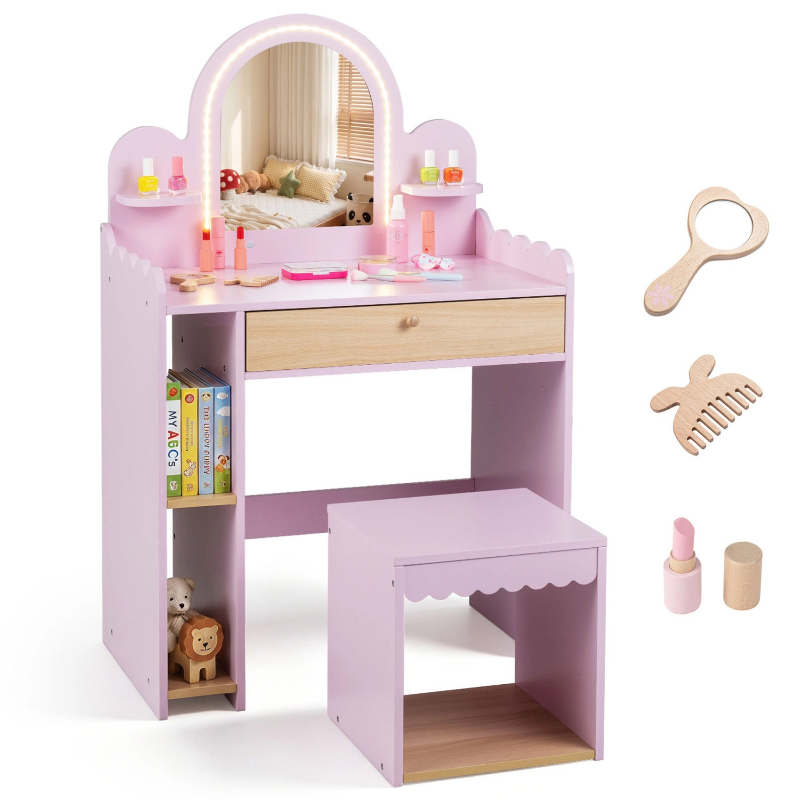SUGIFT Pink 3 Lighting Modes 2 Shelves Storage Compartments and Stool Kids Vanity Table Set