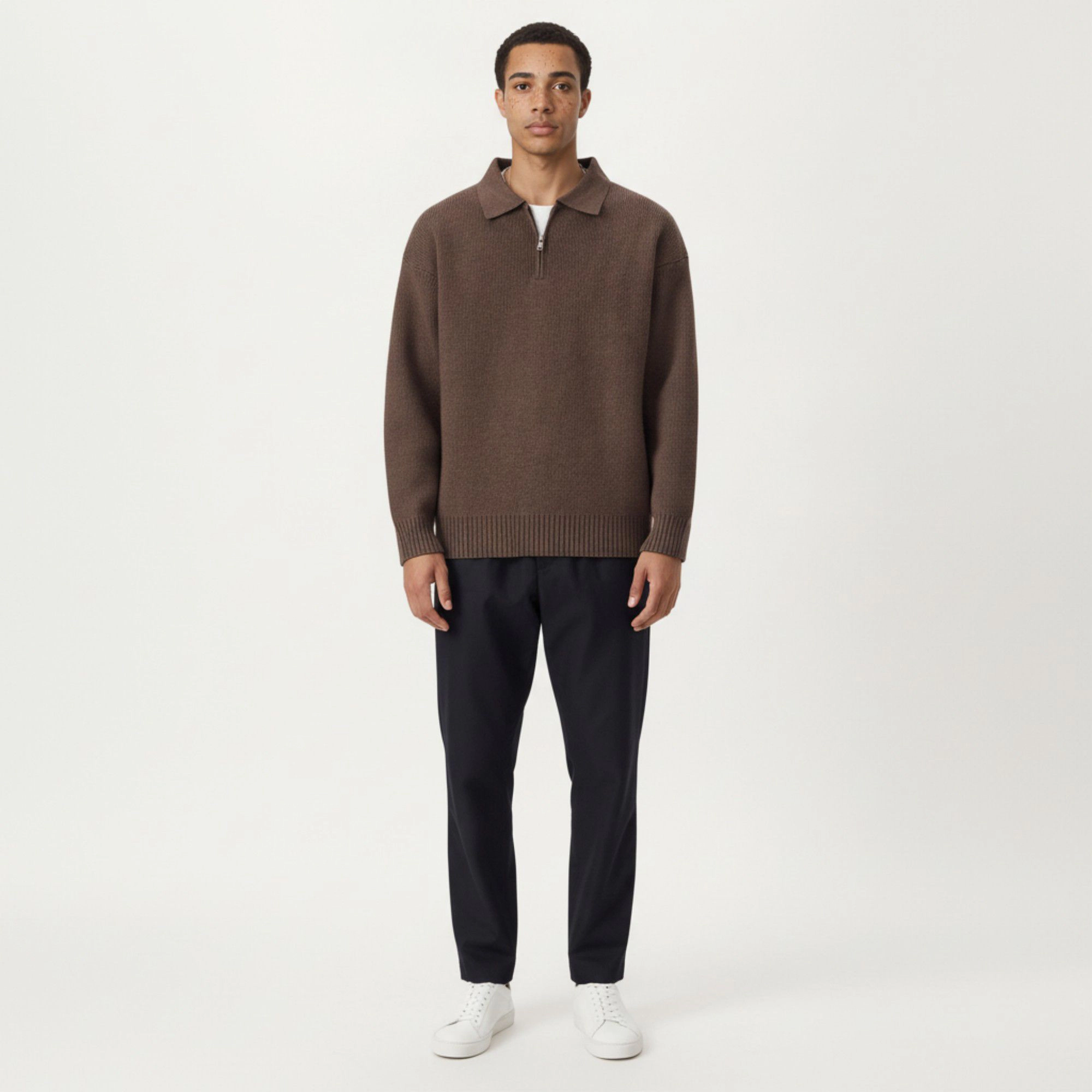 Anna-Kaci Men's Long Sleeve Collared Quarter Zip Knit Pullover Sweater with Ribbed Trim and Relaxed Fit