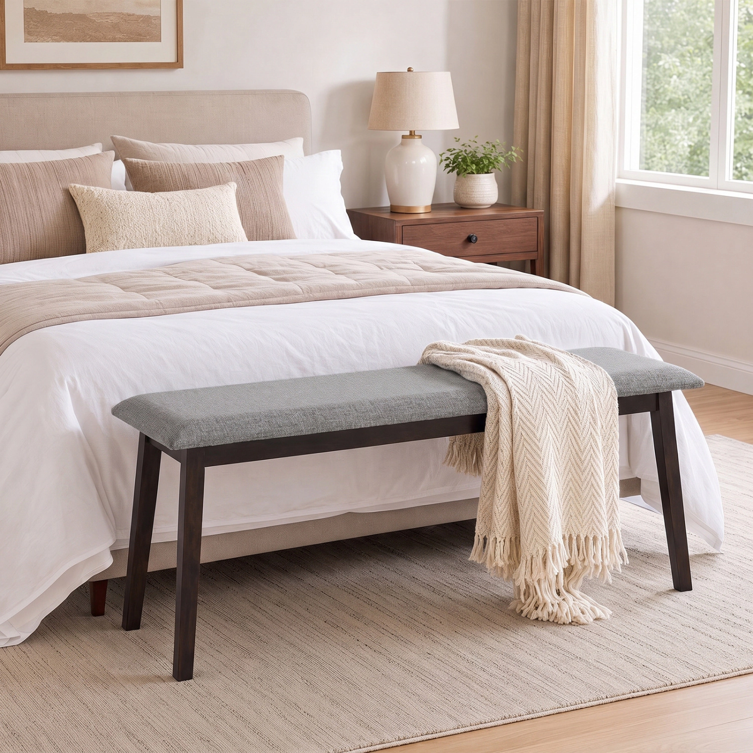 LJG 43.5 Inch Upholstered Entryway Bench with Rubber Wood Frame