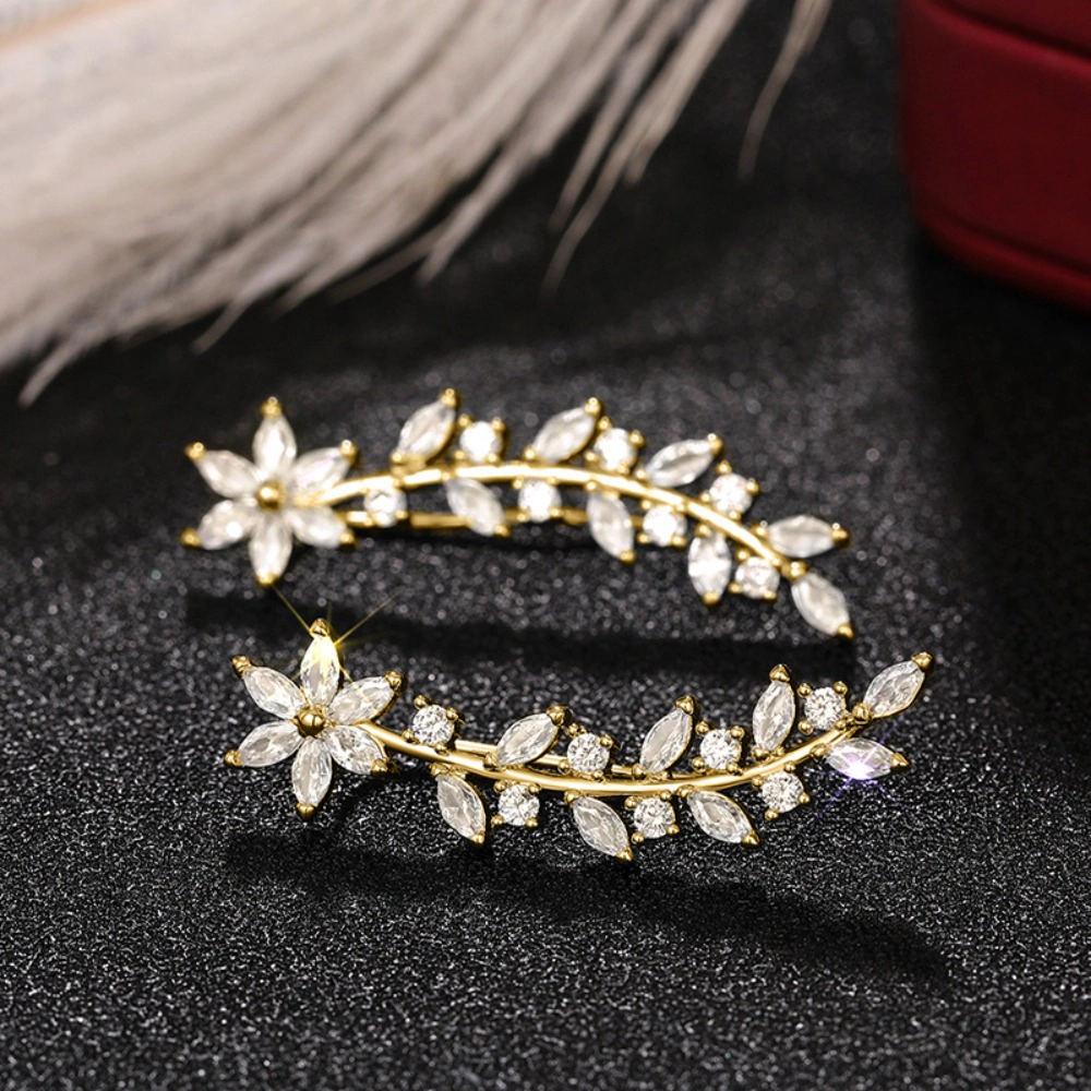 Floral Leaf Cubic Zirconia Ear Climber Hook Earrings
