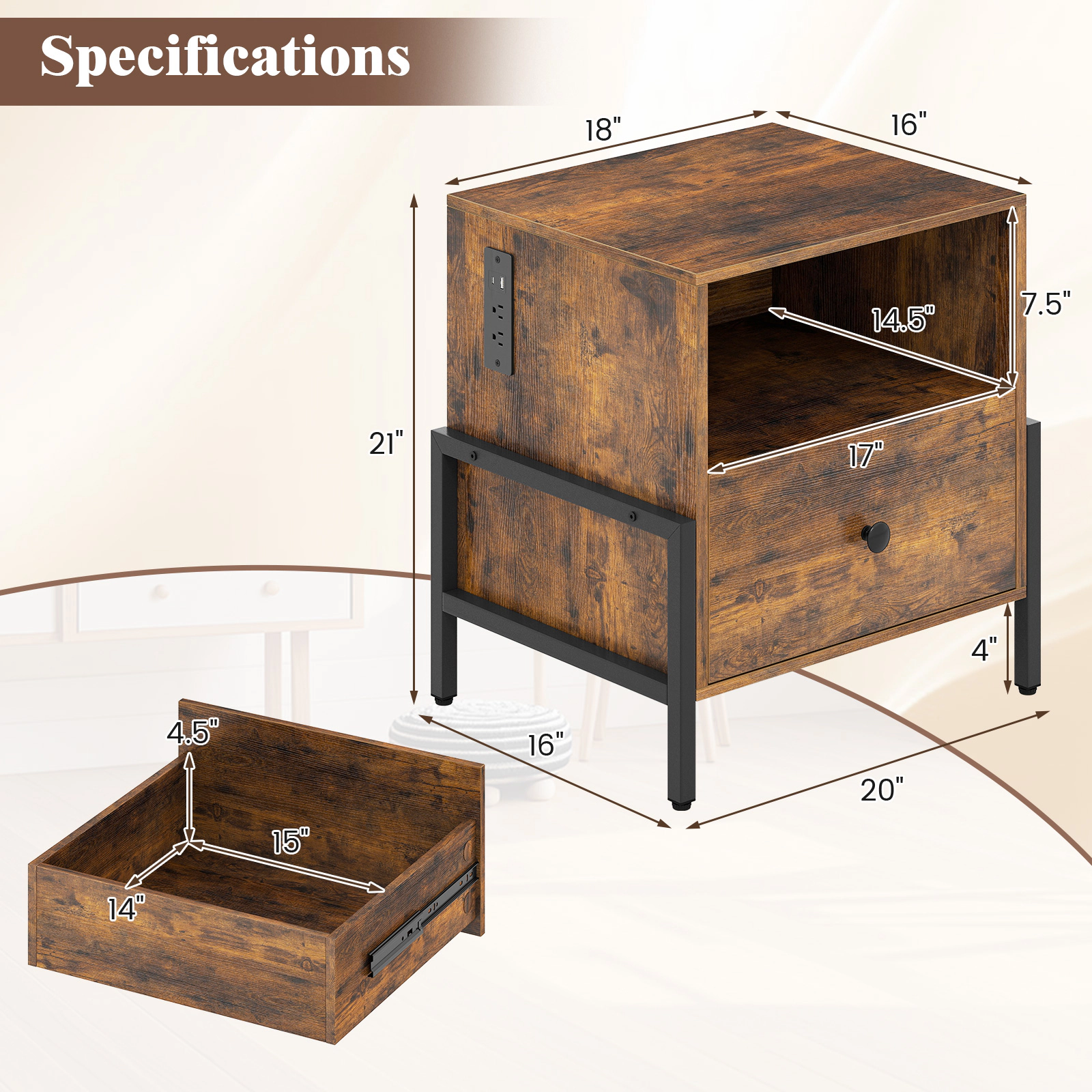 Hivvago Nightstand with Charging Station and Drawer Sofa Side Table