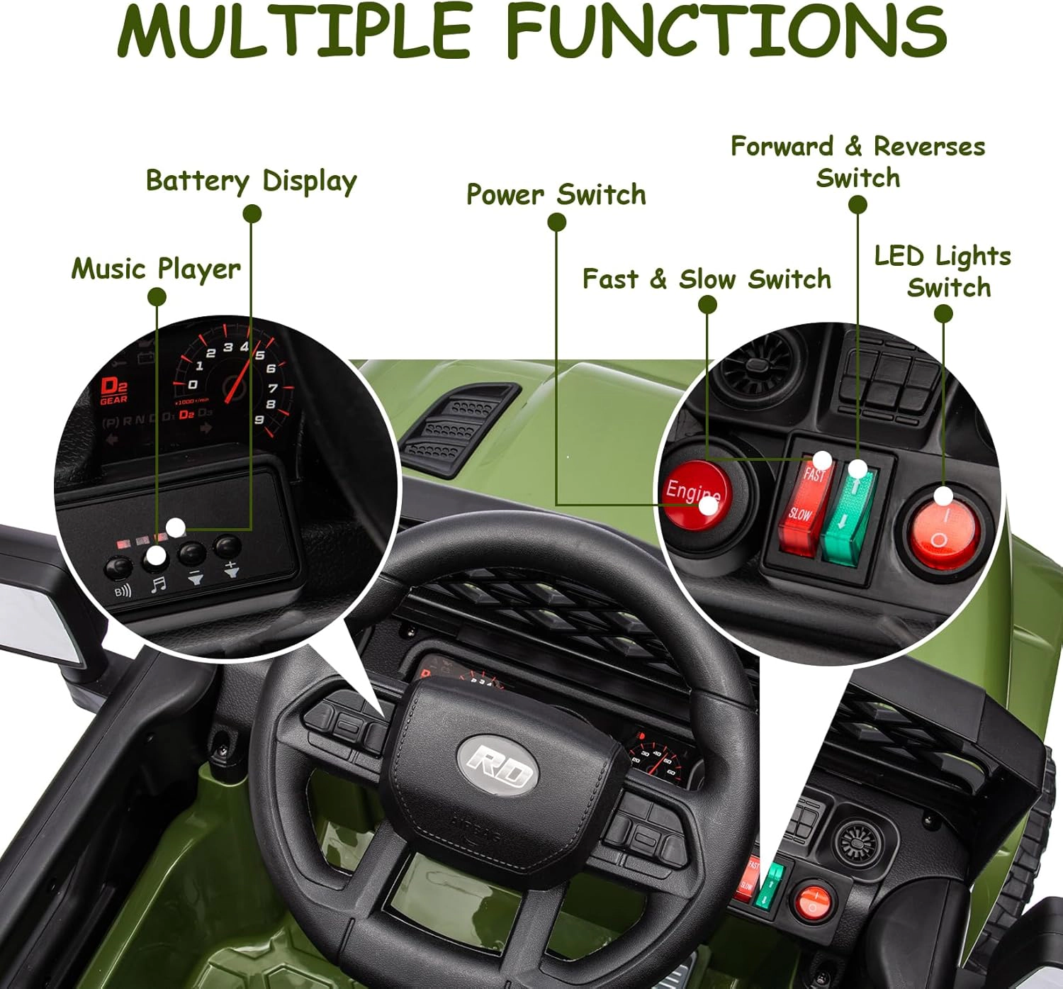Enjyam 12V Kids Electric Ride-On Truck with Remote, Spring Suspension, LED Lights, Music, Dual 30W Motors
