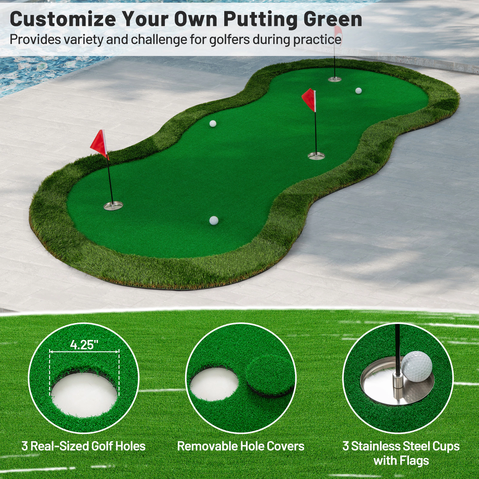 SUGIFT 3 Holes Cups and Flags 5 x 10 ft Golf Practice Putting Green Mat