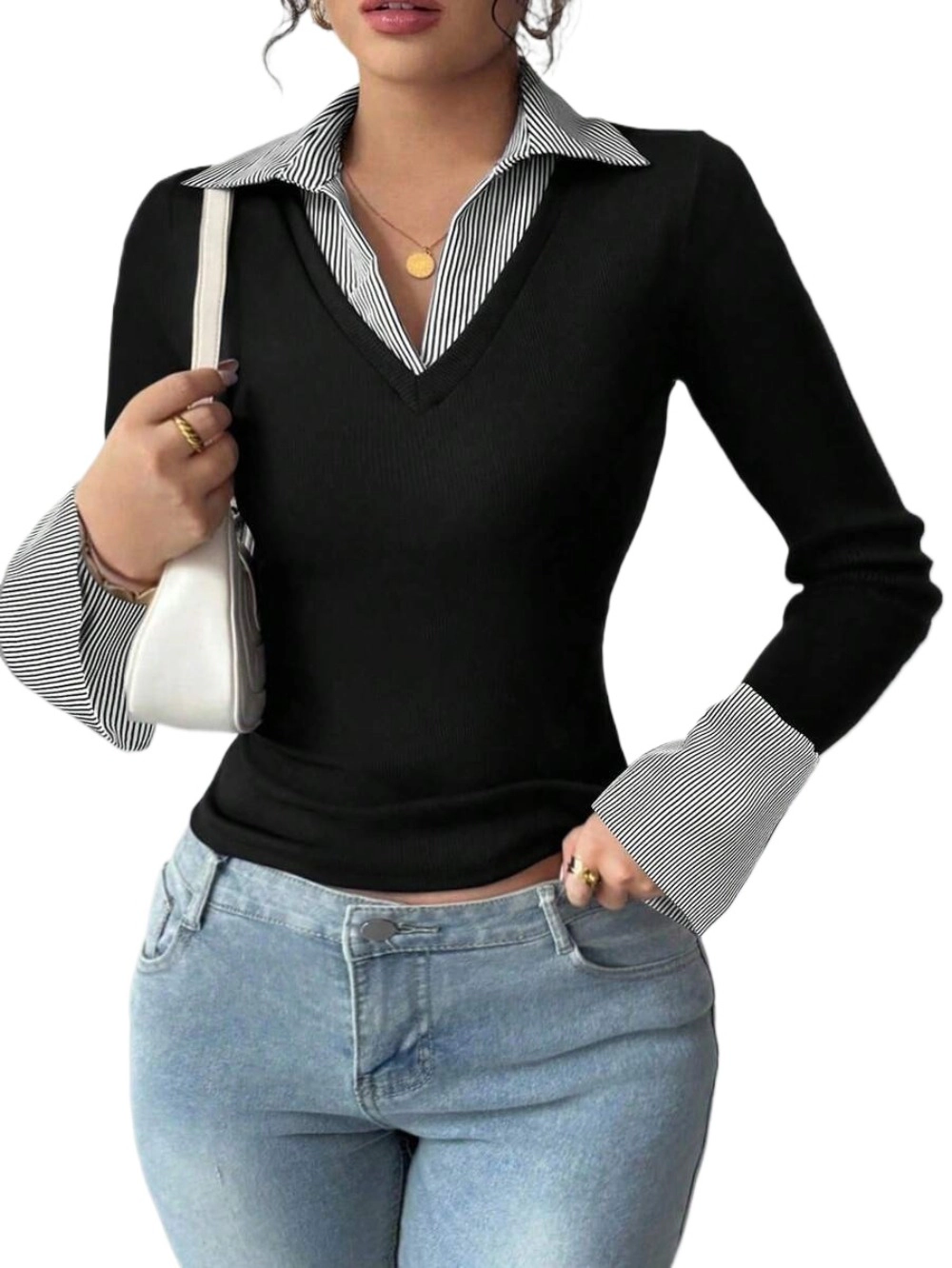 Enchanted Funland Women's Ribbed Long Sleeve Striped Collared Shirt