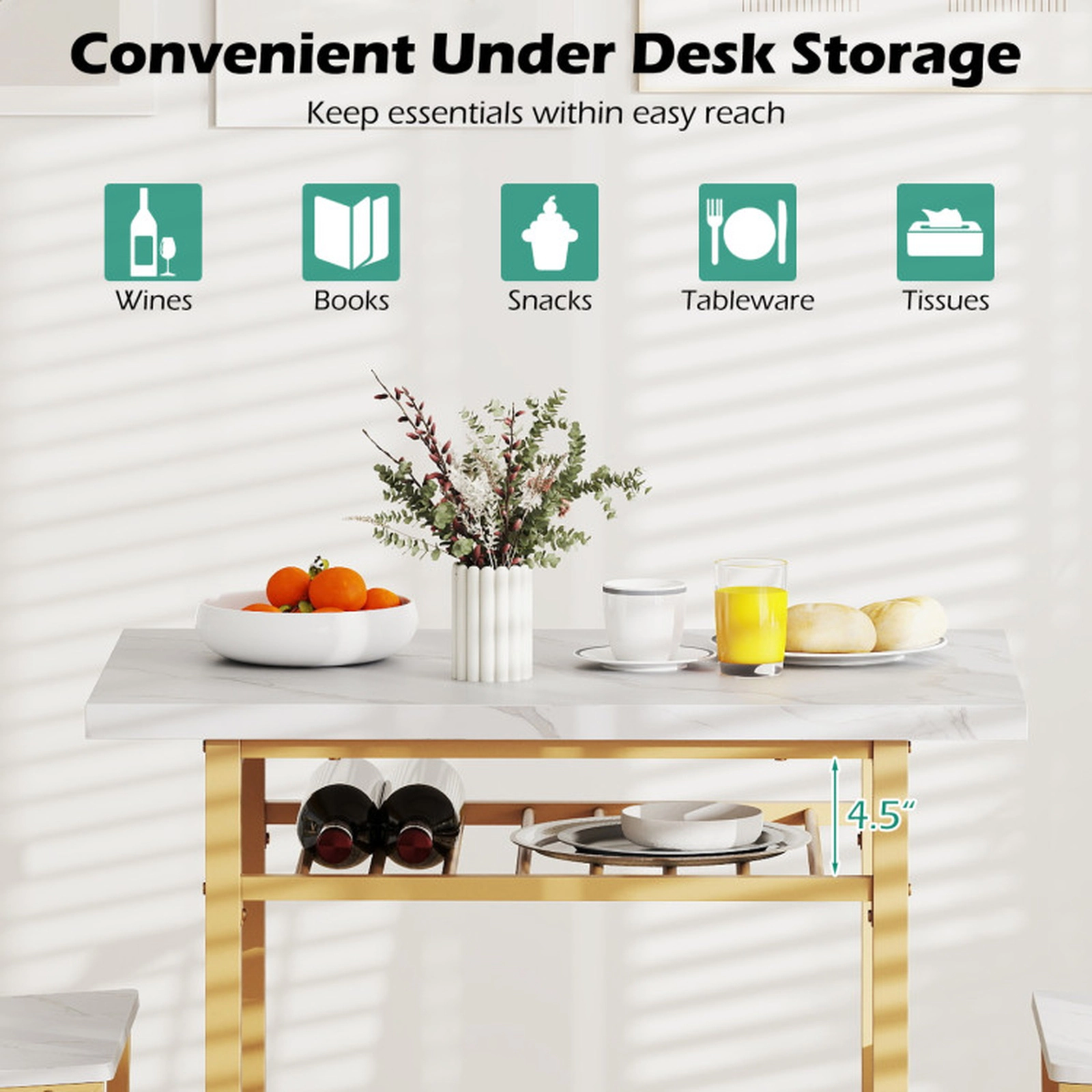 SUGIFT 3-Piece Rectangular Dining Table Set with Storage Shelf and 2 Chairs 200/330-lb Capacity White + Gold