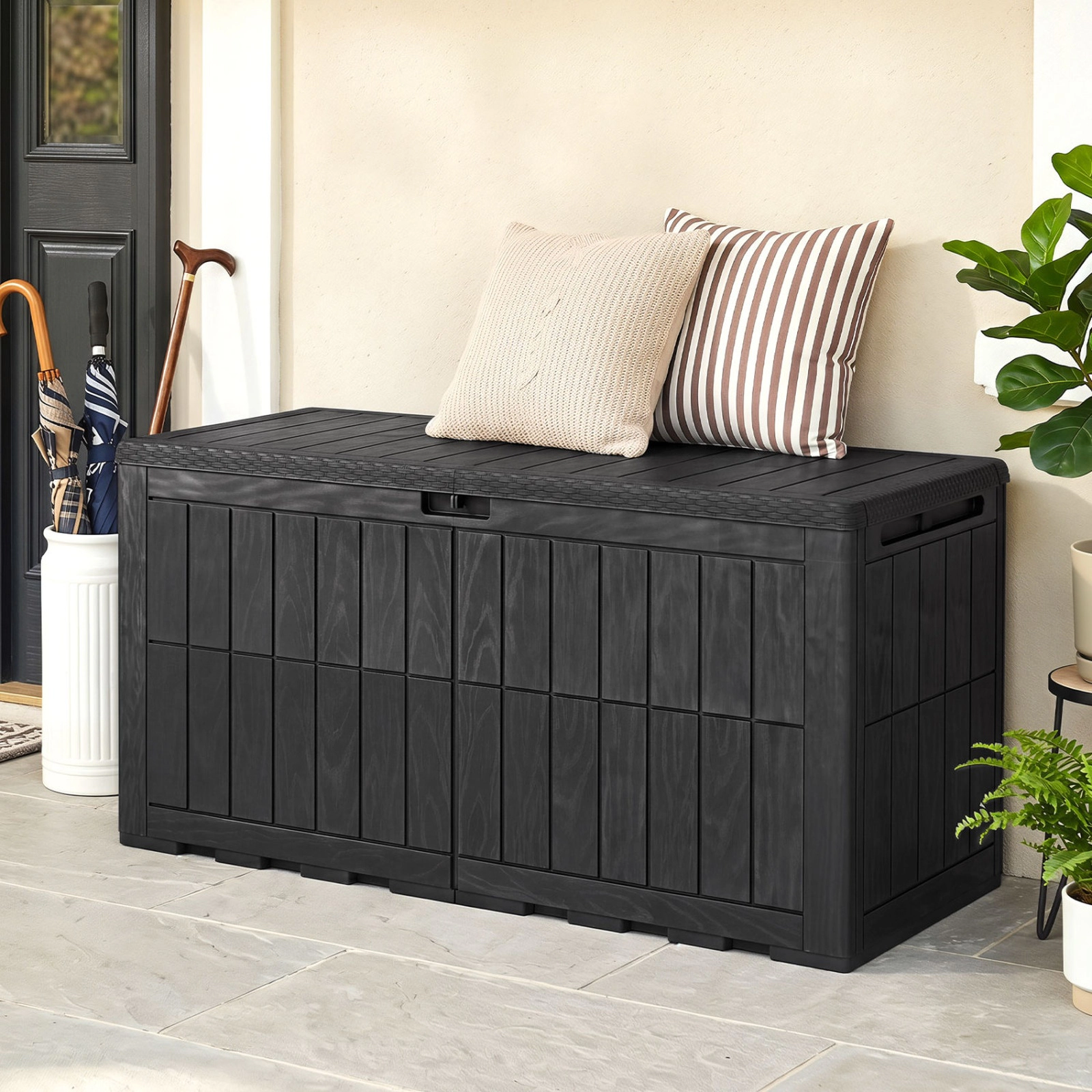 SUGIFT 120 Gal Outdoor Deck Storage Box with Lid and Handles 540-lb Seating Capacity Black