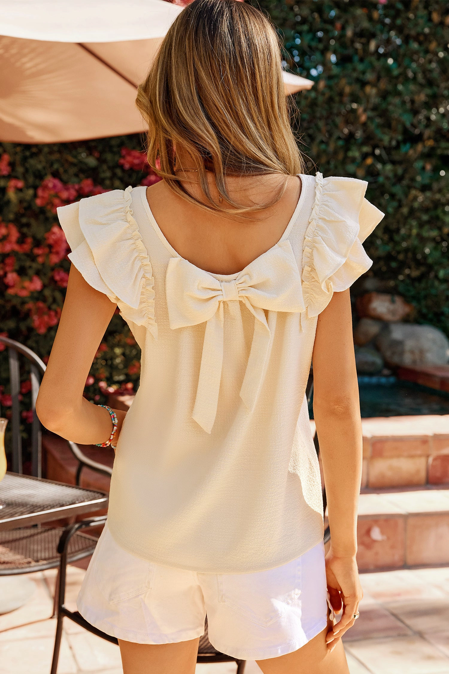 Threaded Pear Sloan Back Ruffled Sleeveless Top