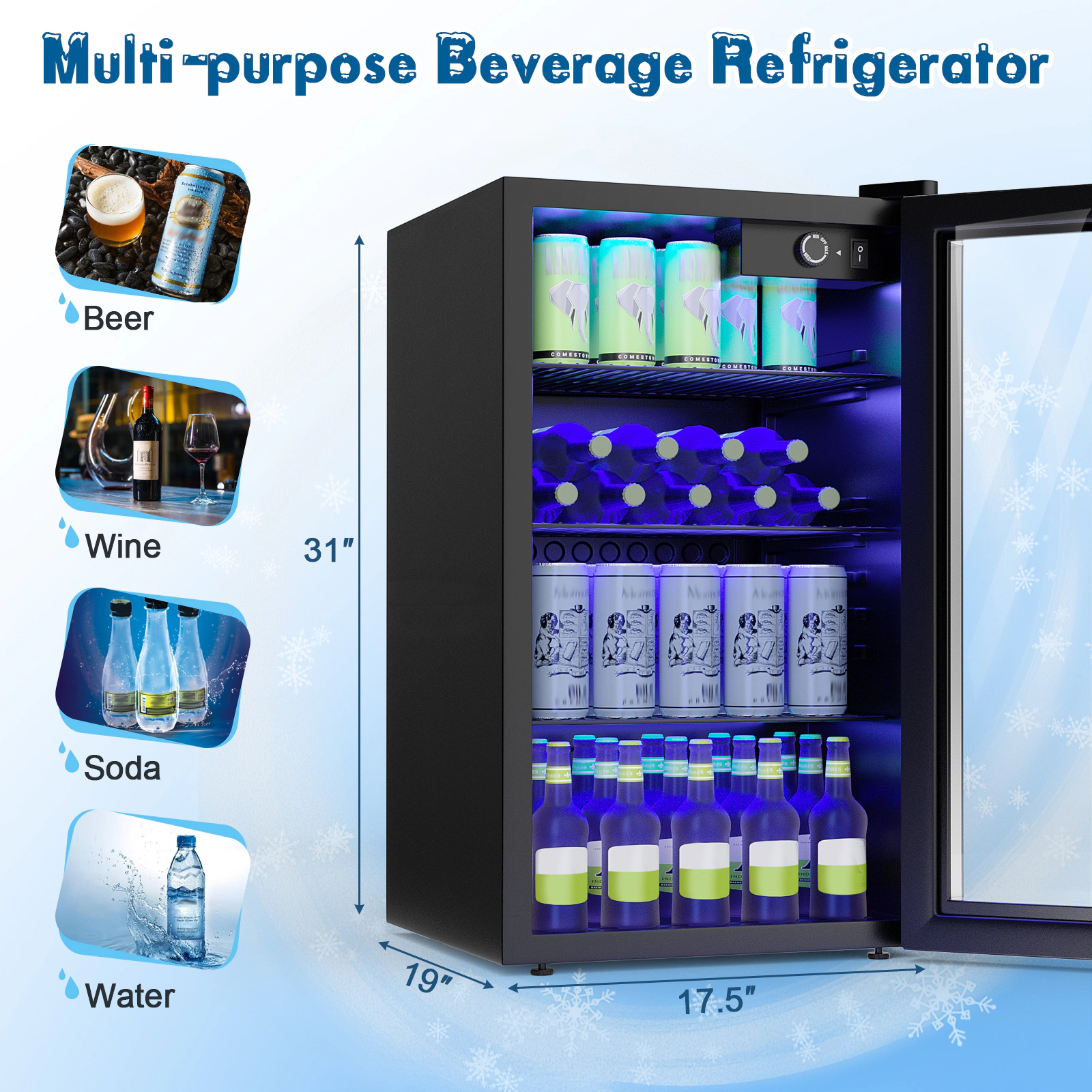 SUGIFT 120-Can Beverage Refrigerator, 3.2 cu. ft. Mini Fridge with Reversible Glass Door