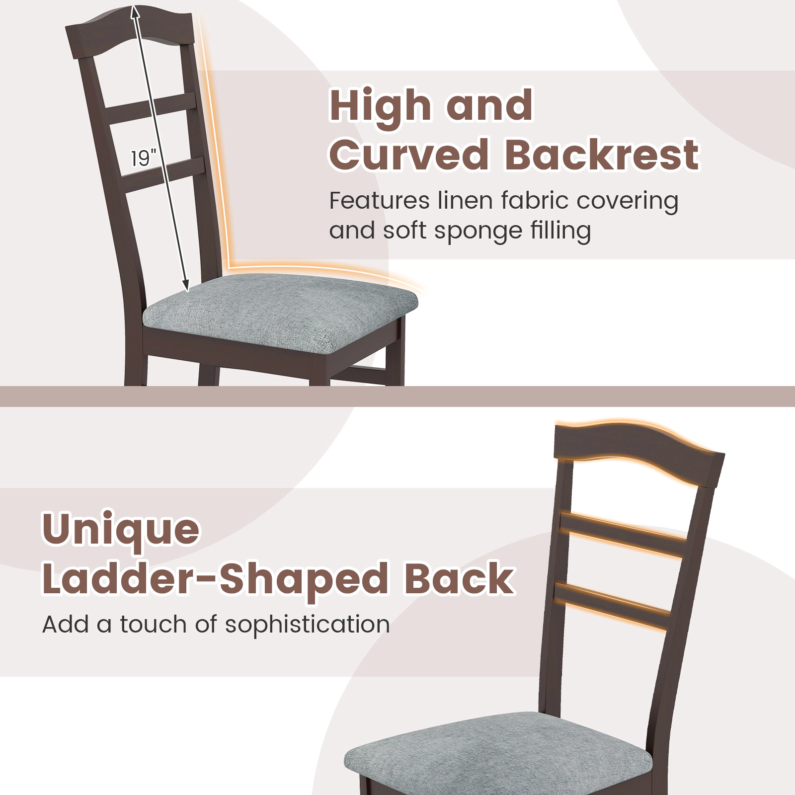 SUGIFT Set of 2 Linen Fabric Upholstered Wooden Dining Chairs with Curved Back 265-Lb Capacity Coffee+Gray