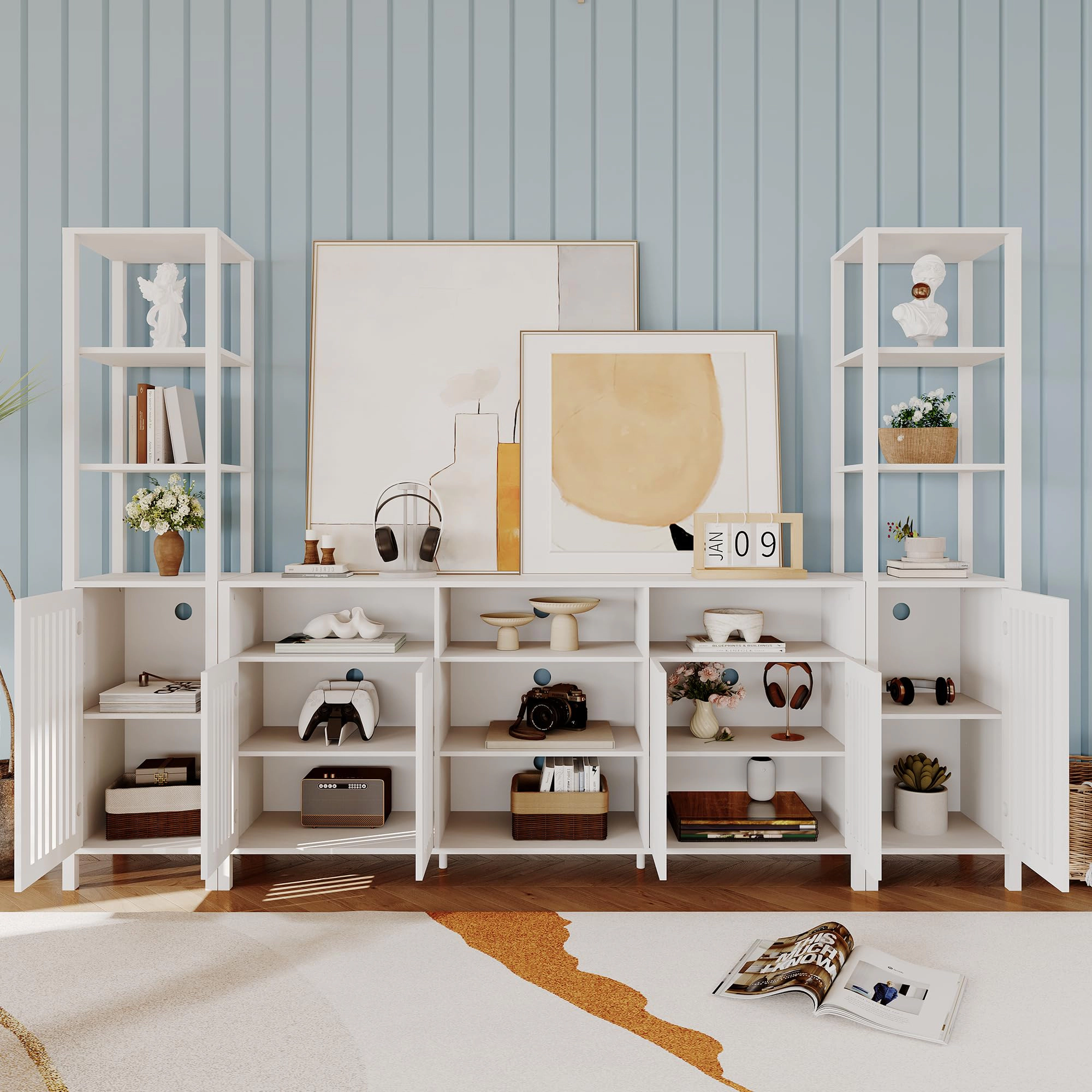 BebreezChic Large TV Stand with Set of 2 Bookcases, Farmhouse Entertainment Center for 70" Television
