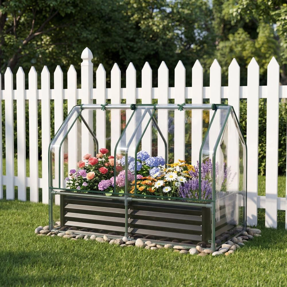 Hivvago Galvanized Raised Garden Bed with Greenhouse Cover