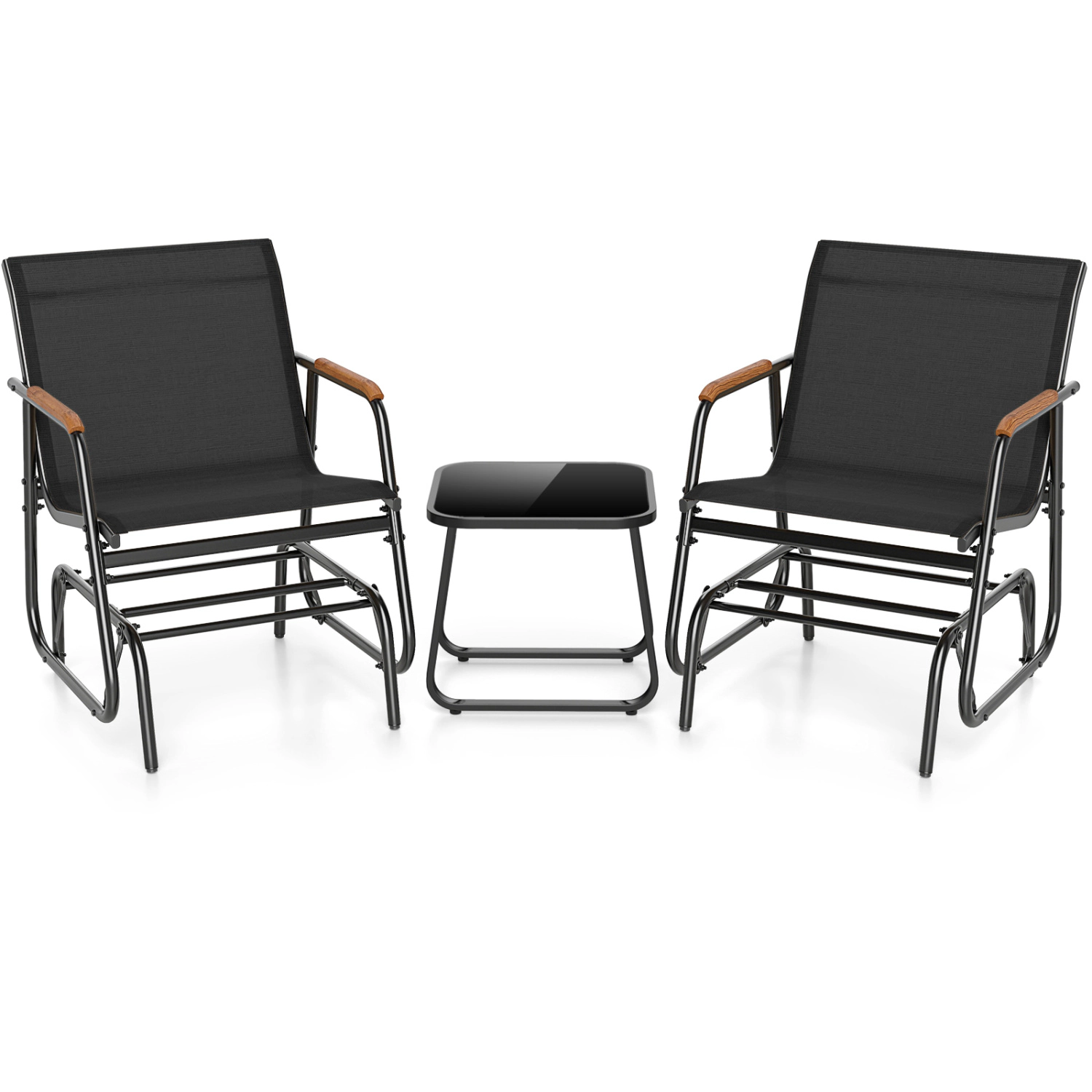 LJG 3-Piece Outdoor Glider Bistro Set with Tempered Glass Top and Metal Frame