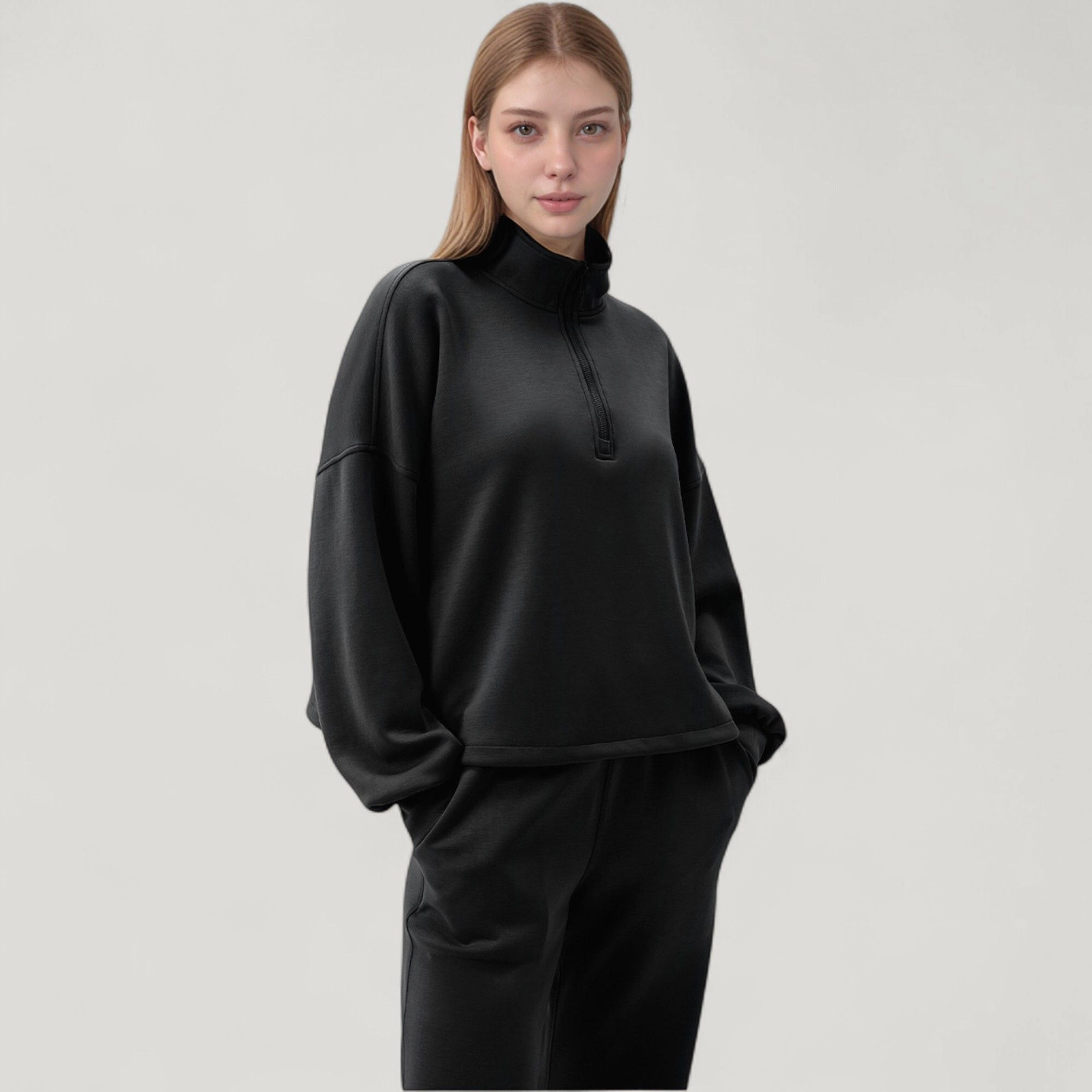 Anna-Kaci Women's Long Sleeve Half-Zip Pullover Top with High Collar and Relaxed Fit