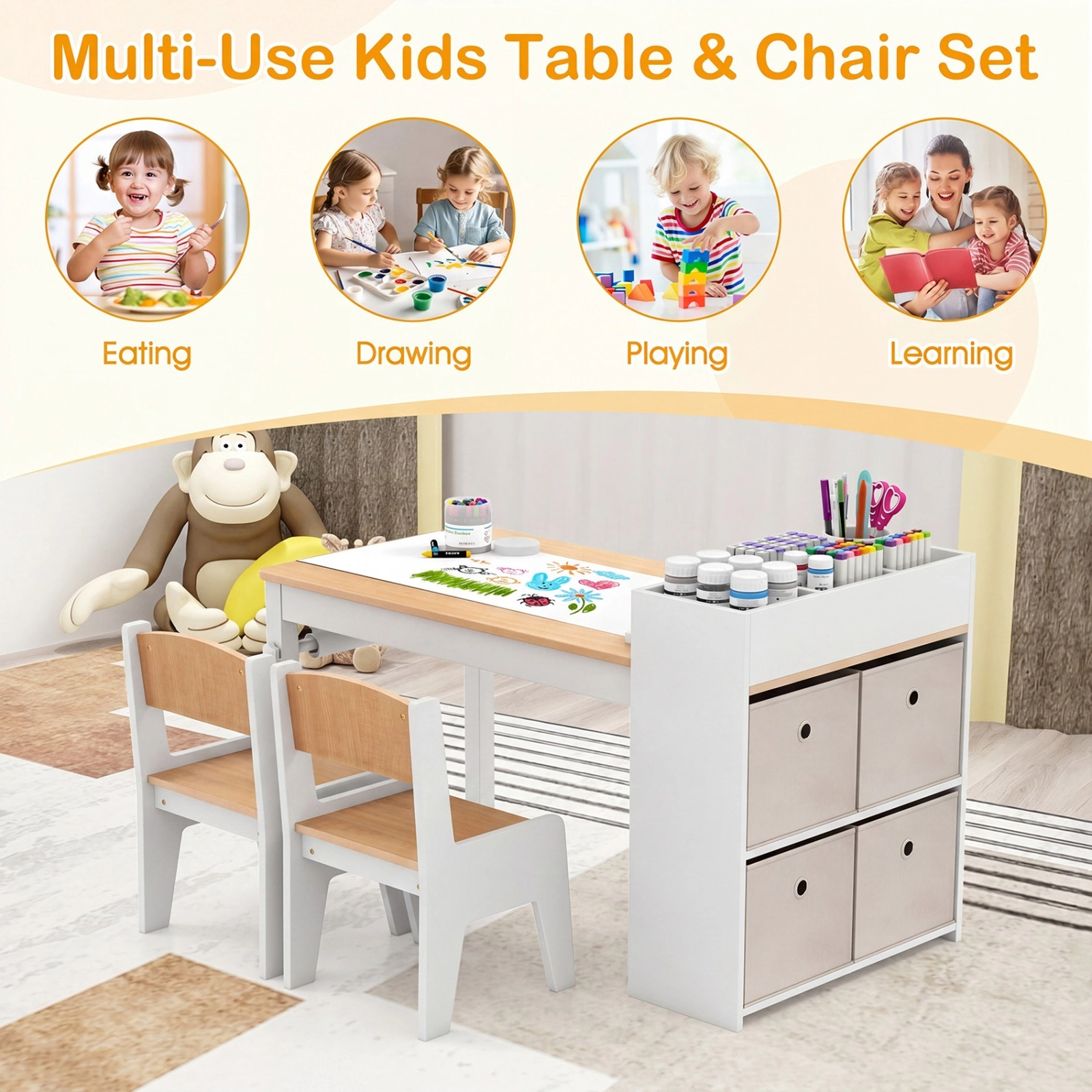 SUGIFT Kids Art Table and Chairs Set, Natural, 2 Chairs, Paper Roll and Storage