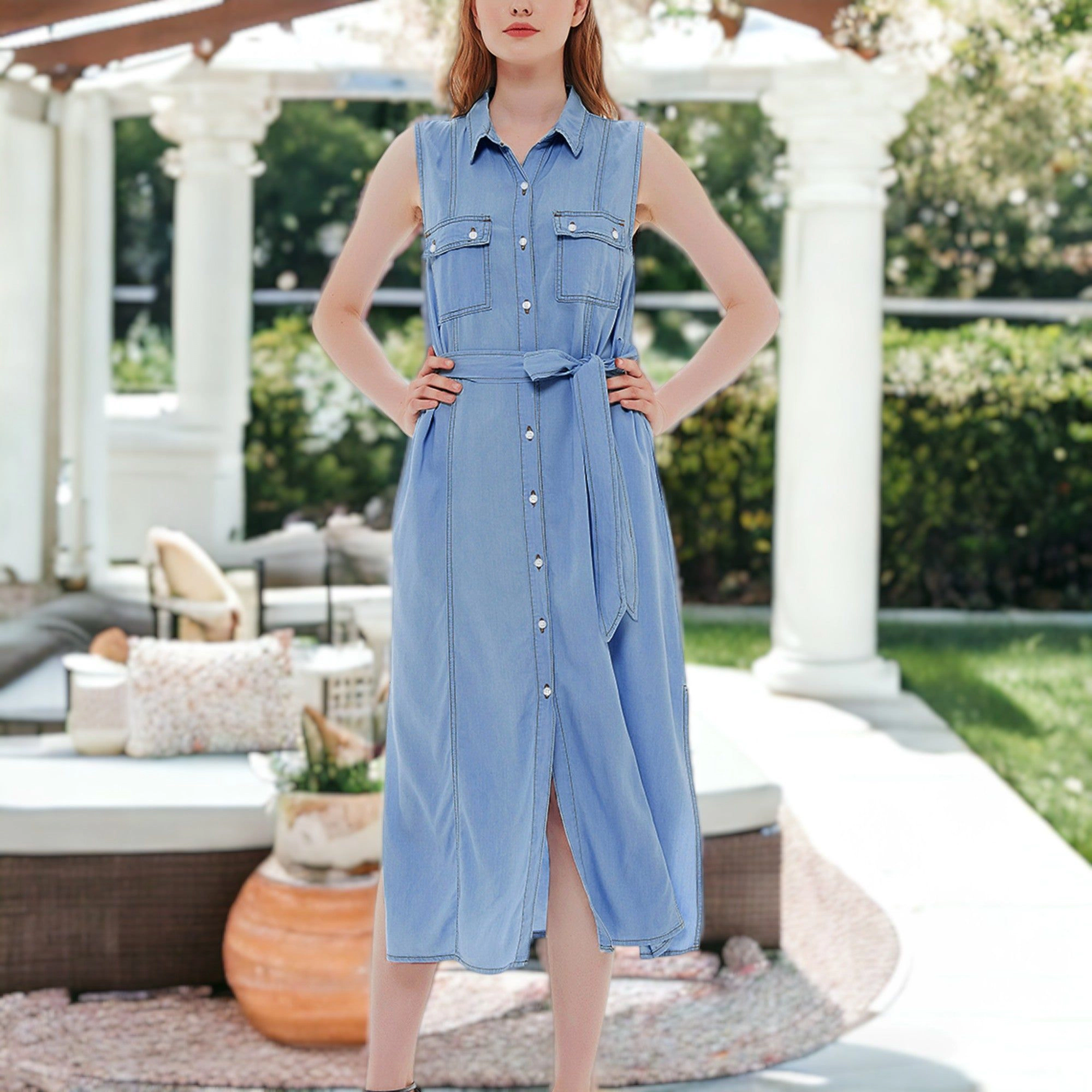 Anna-Kaci Women's Denim Tie Waist Turn Down Collar Pocket Shirt Dress
