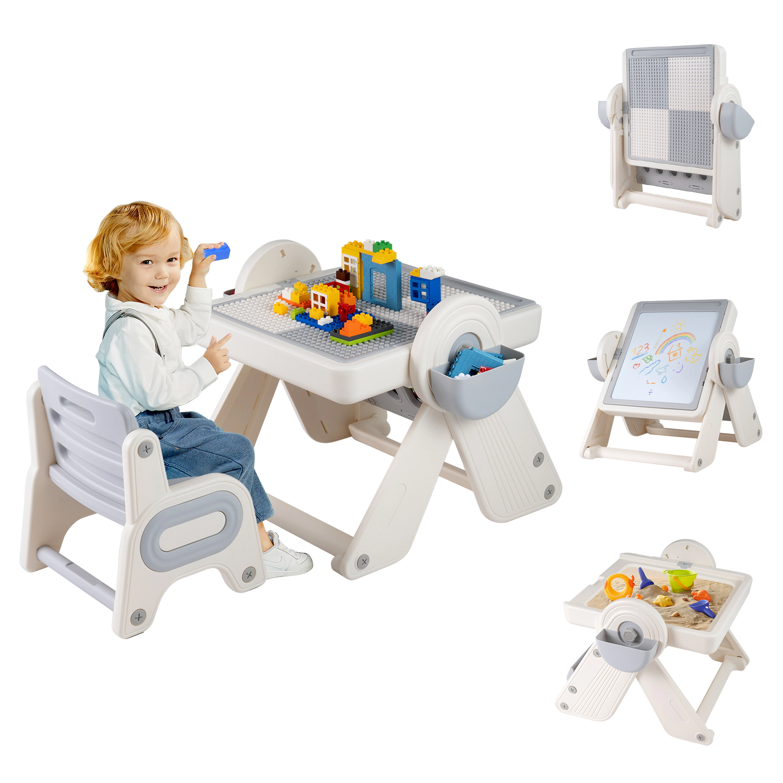 SUGIFT 6-in-1 Multi-activity Kids Table & Chair Set with Folding Art Easel 110-lb Capacity Ages 18+ Months Gray & Beige