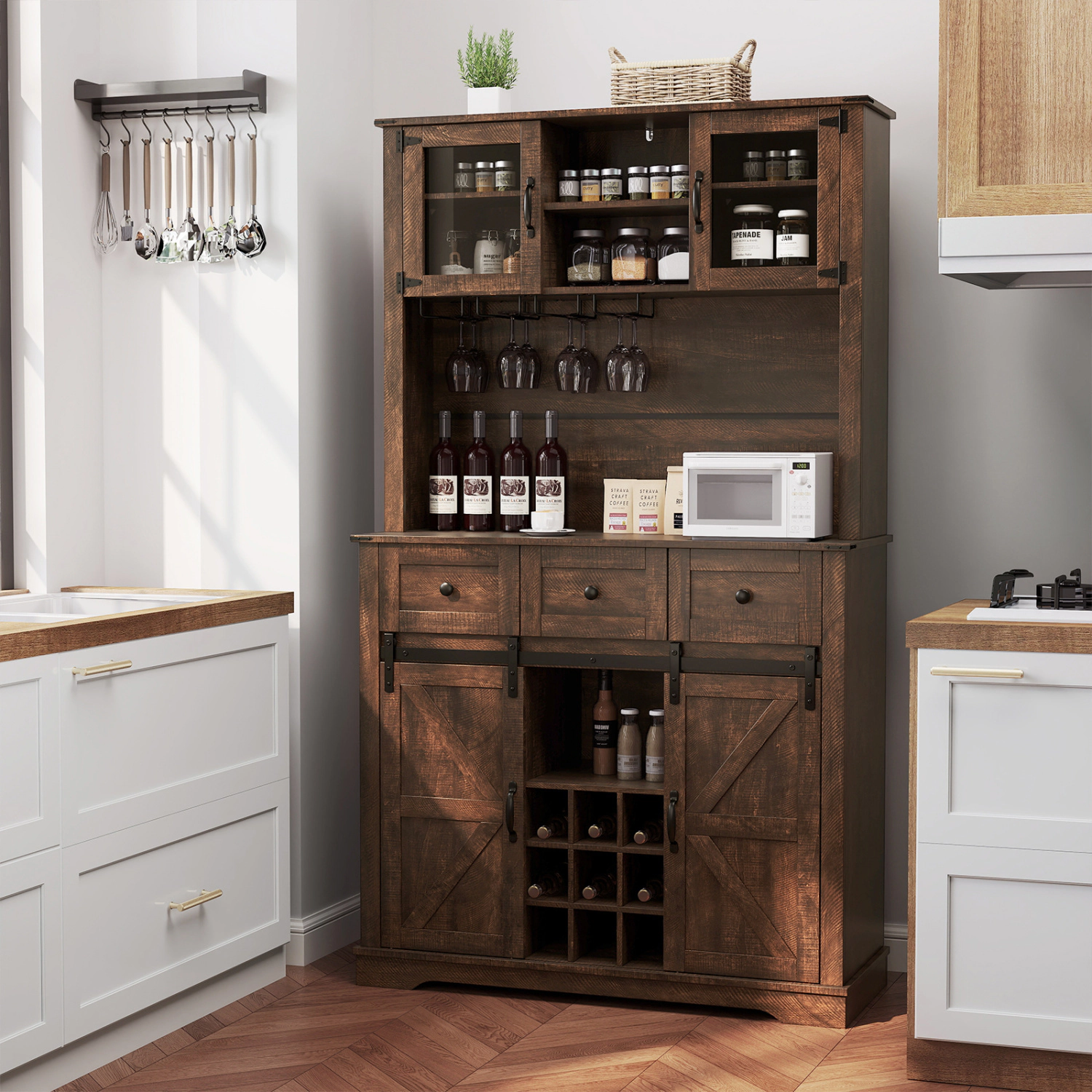 LJG 72 Inch Coffee Bar Cabinet with Drawers and Sliding Barn Doors