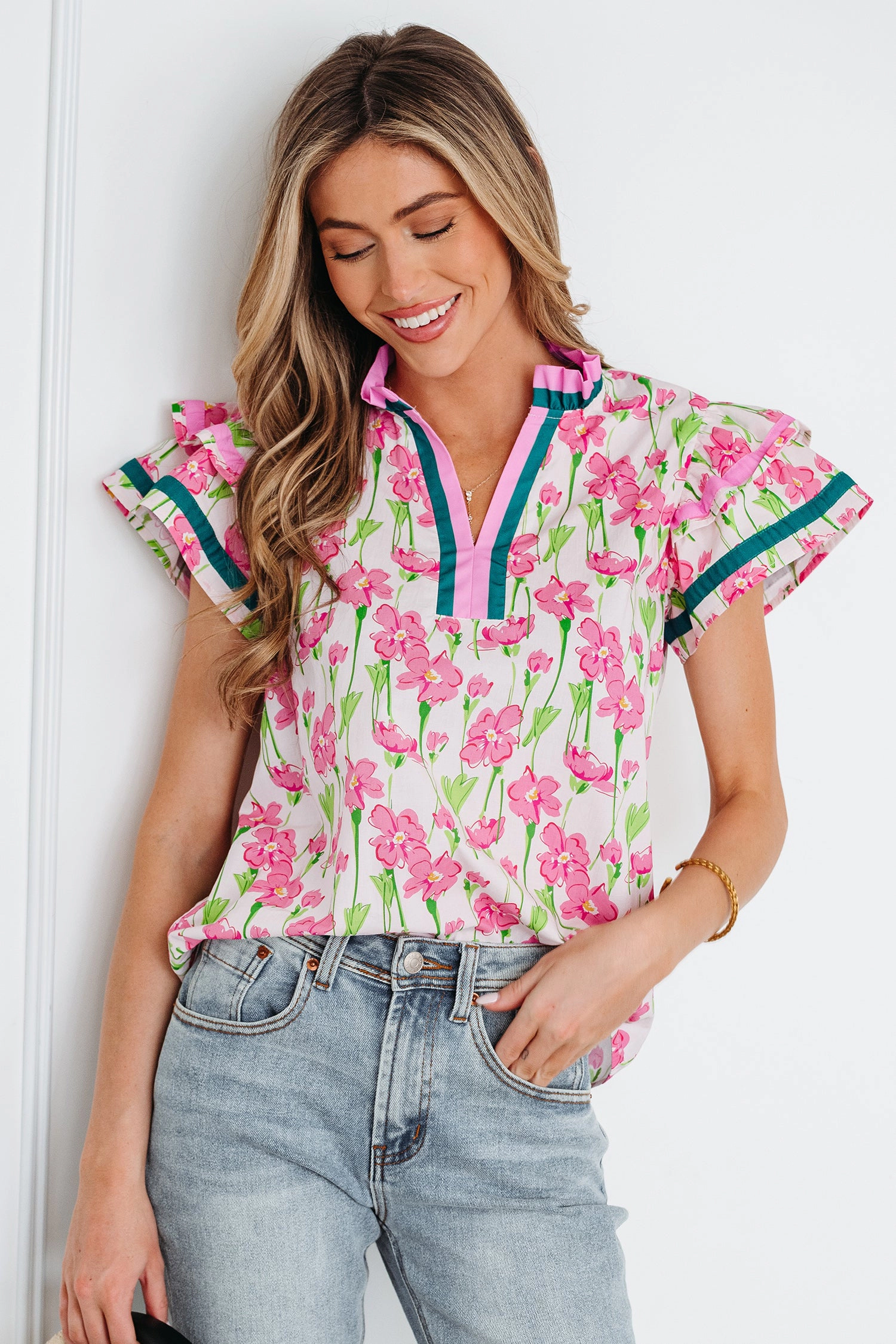 Threaded Pear Women's Elyse Ruffled Short Sleeve Blouse