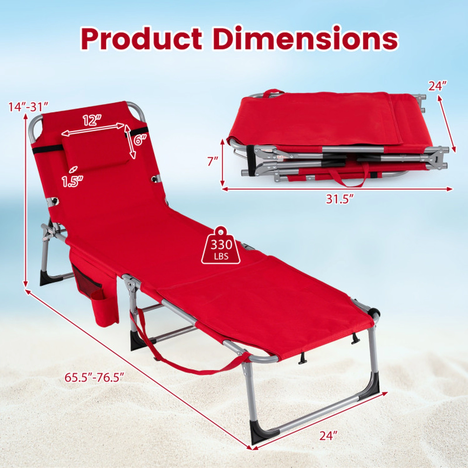 SUGIFT 4-Level Adjustable Tanning Chairs with Face and Arm Holes 330-Lb Capacity Set of 2 Folding Chaise Lounges Red
