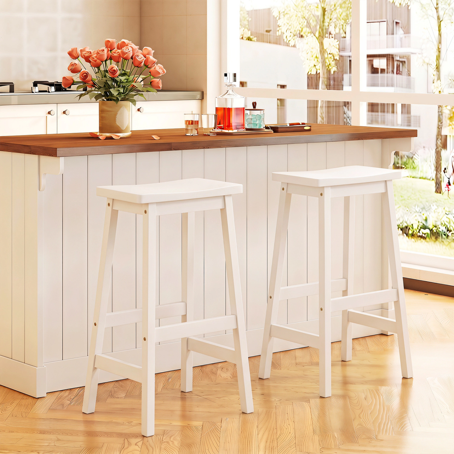 LJG 29" Set of 2 Saddle-Seat Counter Height Stools with Curved Seat and Footrests