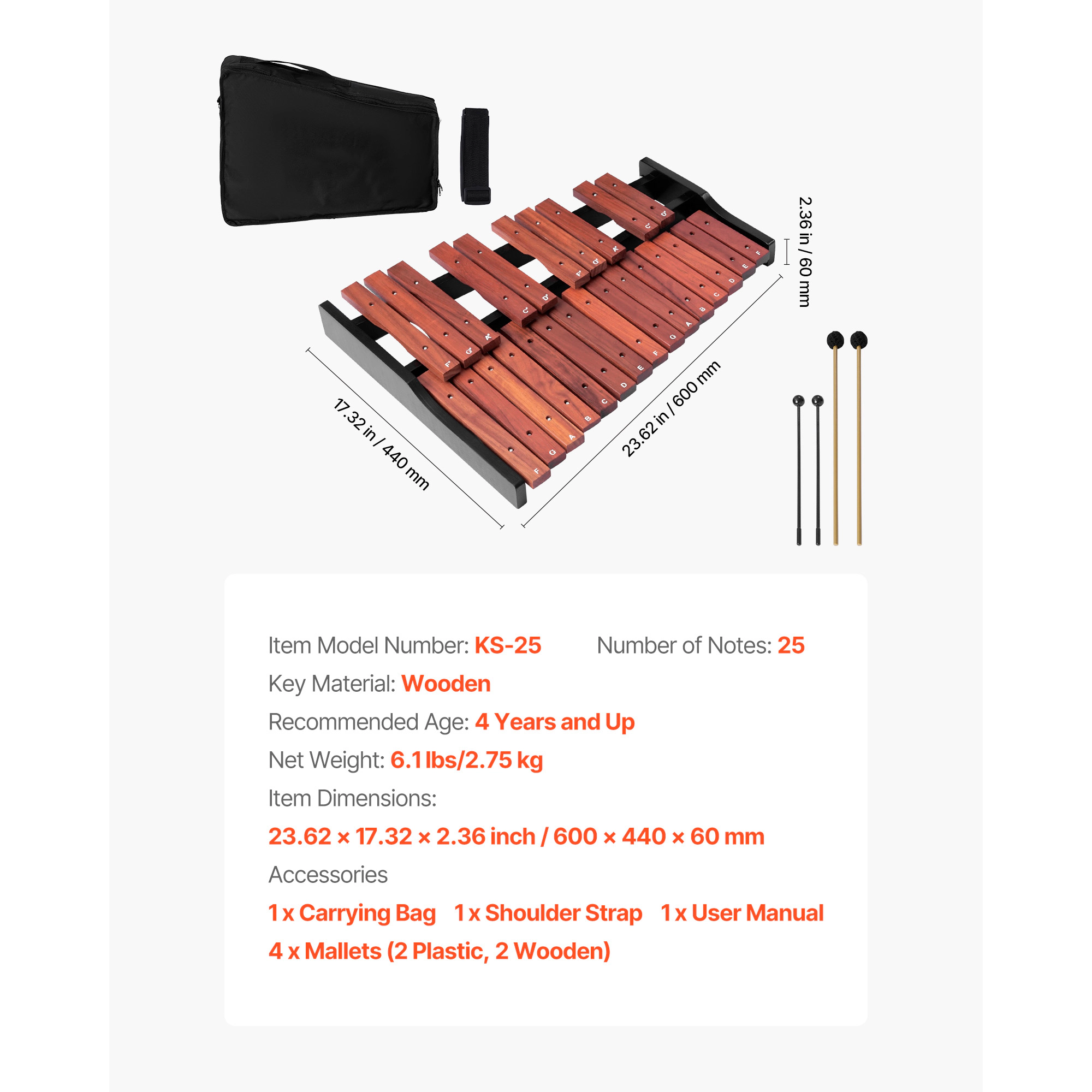 HONGGE Professional Wooden Glockenspiel Xylophone Percussion Instrument with 4 Mallets Carrying Bag for Adults and Kids