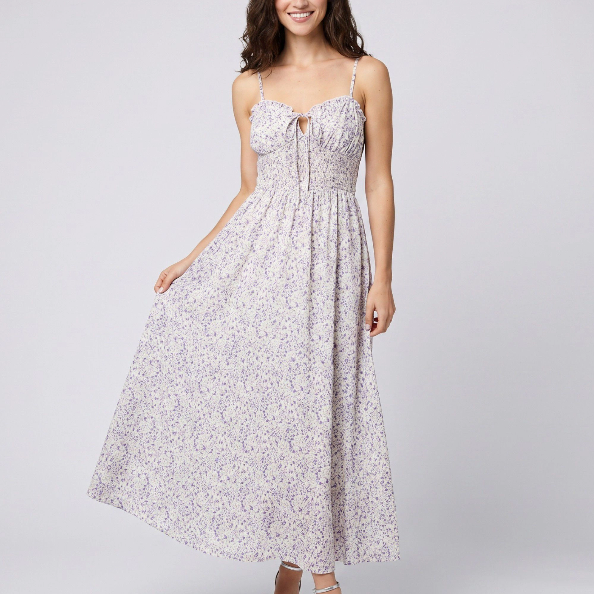 Anna-Kaci Women's Floral Print Smocked Bodice Tie Front Sweetheart Neckline Slim Straps Maxi Dress