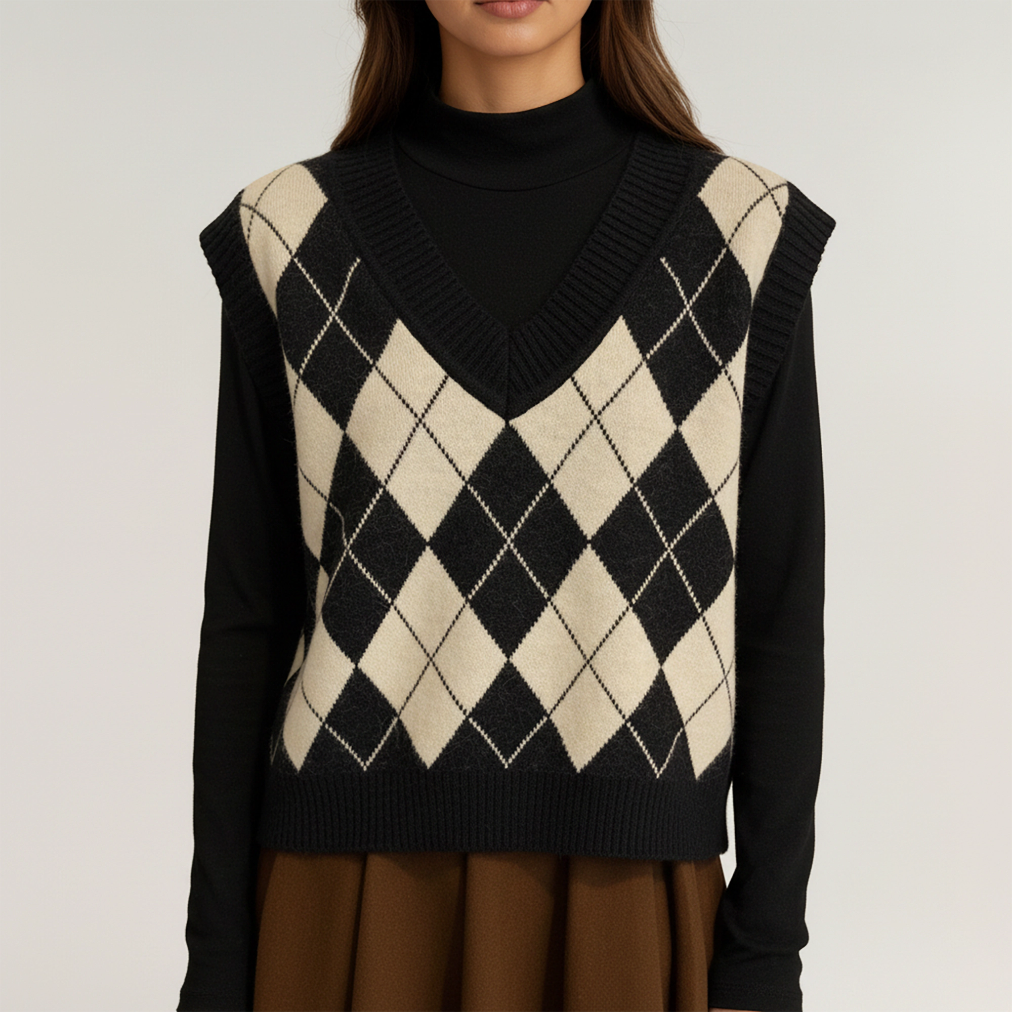 Anna-Kaci Women's Argyle Knit Sweater Vest with V Neck Sleeveless Design and Ribbed Hem