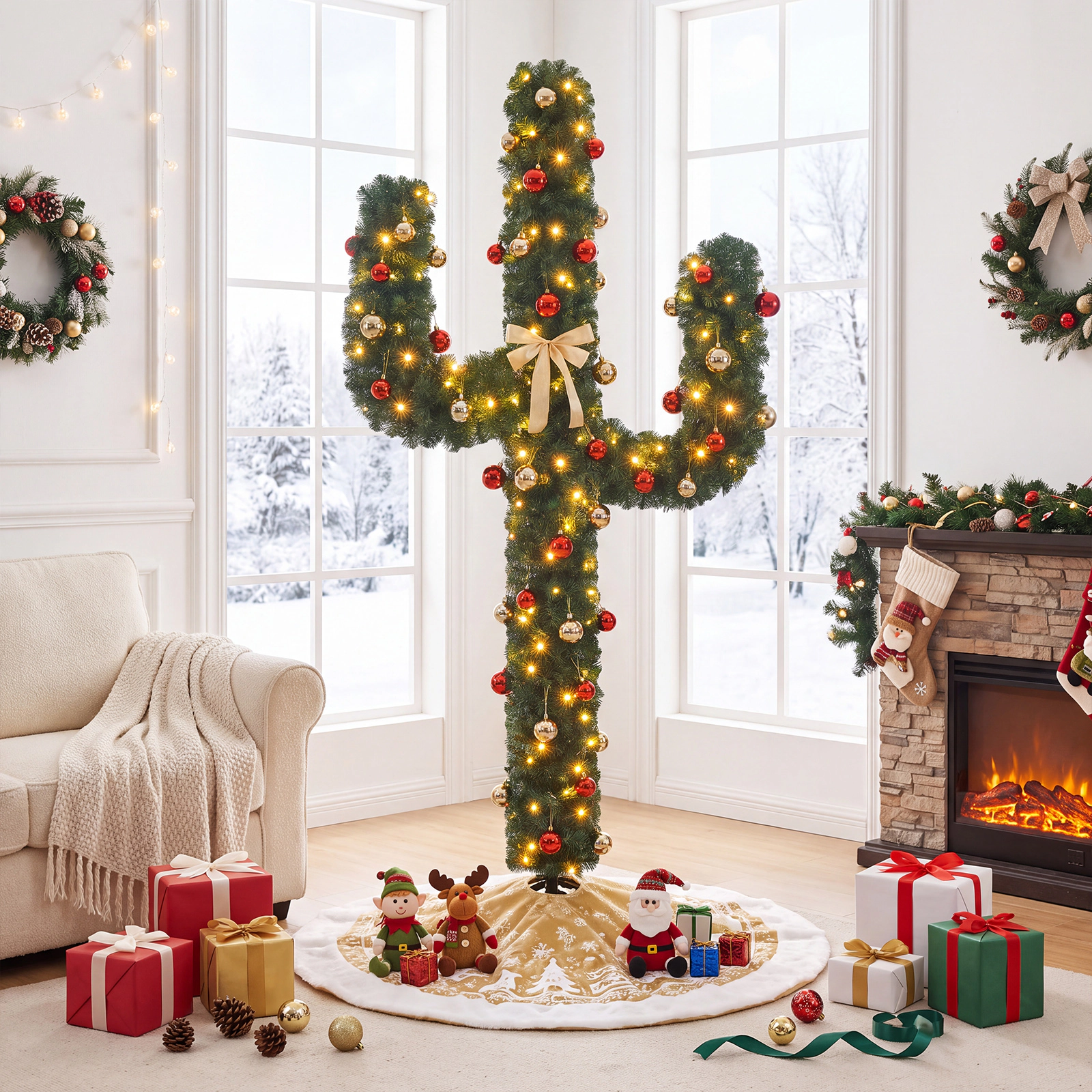 Costway 7 FT Pre-Lit Cactus Christmas Tree with 160 LED Lights Green