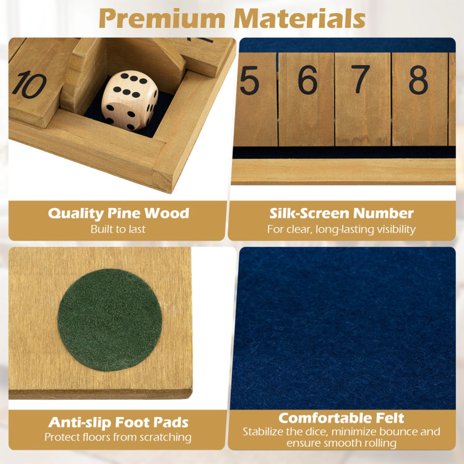 SUGIFT 24-in Extra-Large 4-Sided Wooden Shut The Box Dice Game with Silk-Screened Numbers and Felt Bed