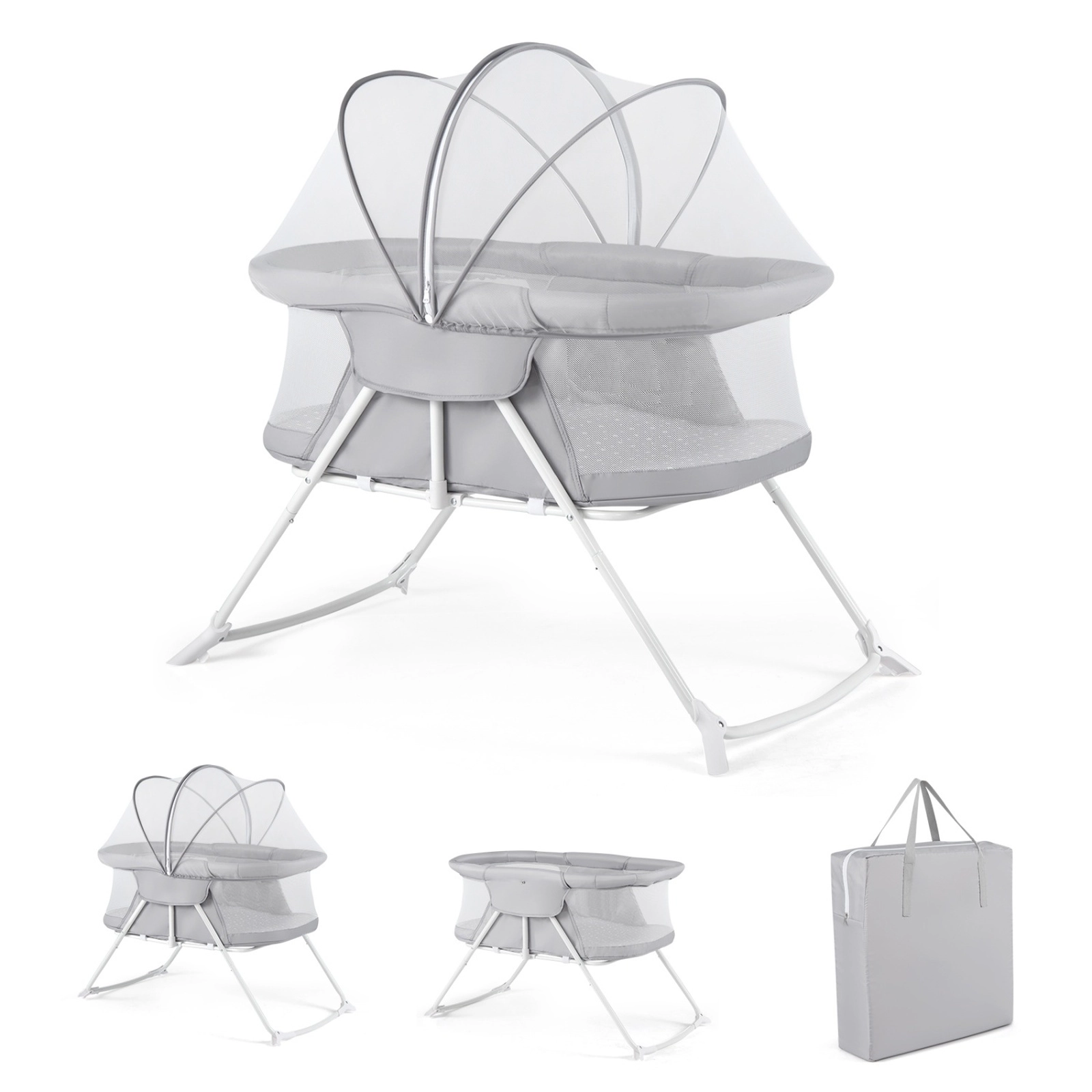 SUGIFT 2-in-1 Rocking & Stationary Bassinet Foldable Bedside Sleeper 66-lb Capacity Ages 0-5 Months Black/Gray/Beige
