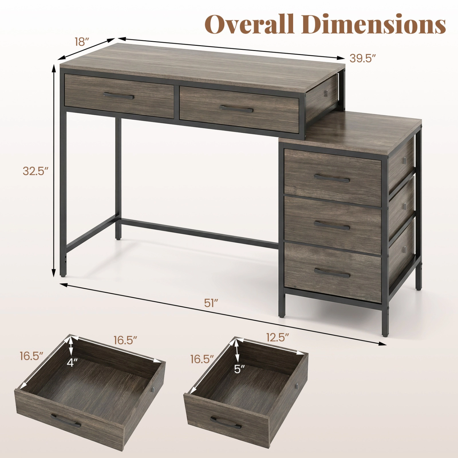 SUGIFT Oak 5 Drawers and Printer Stand for Small Spaces 51 Inch Computer Desk