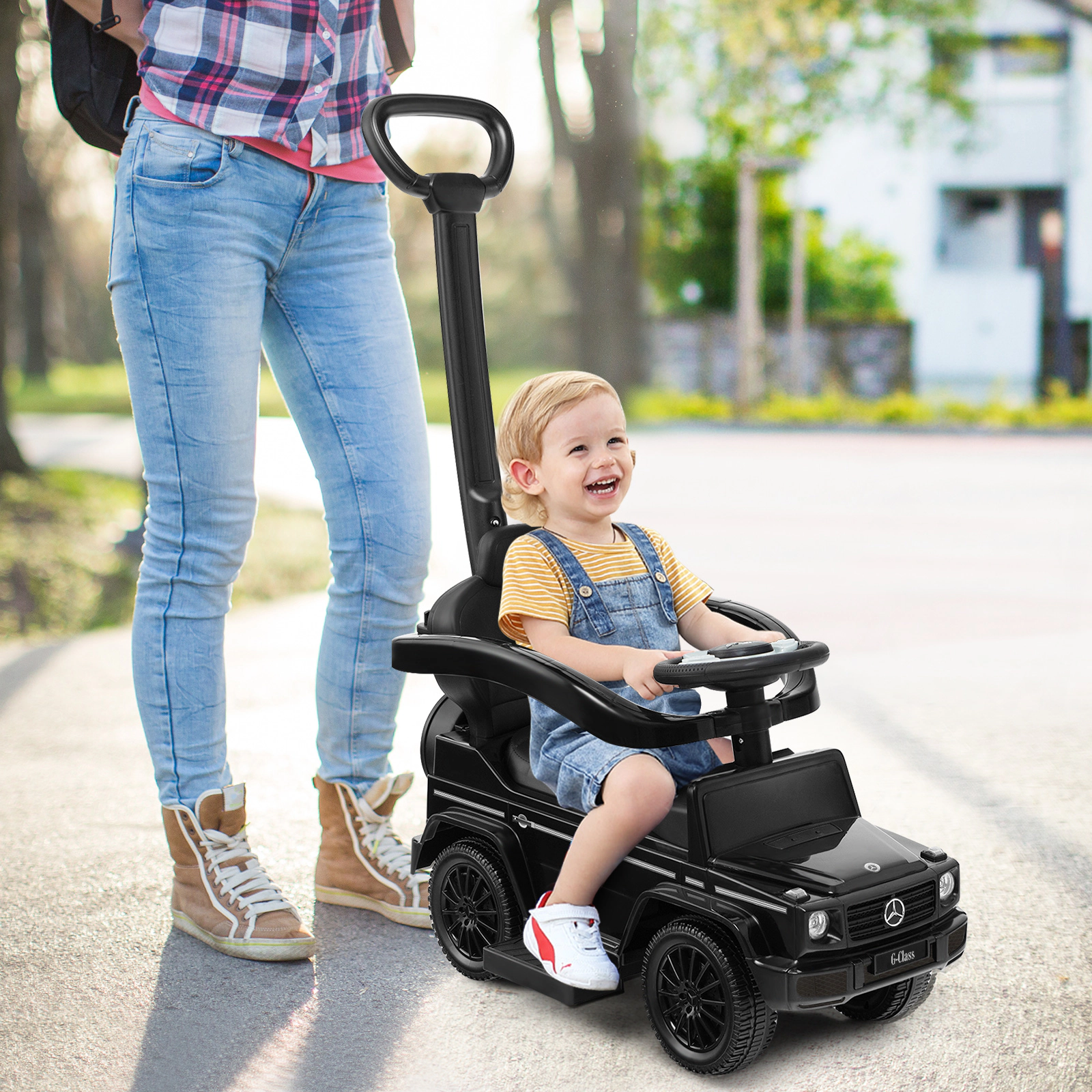 3-in-1 Toddler Push Car Adjustable Canopy Retractable Footrest Stroller Walker 18-36 Months 55-lb Capacity Black