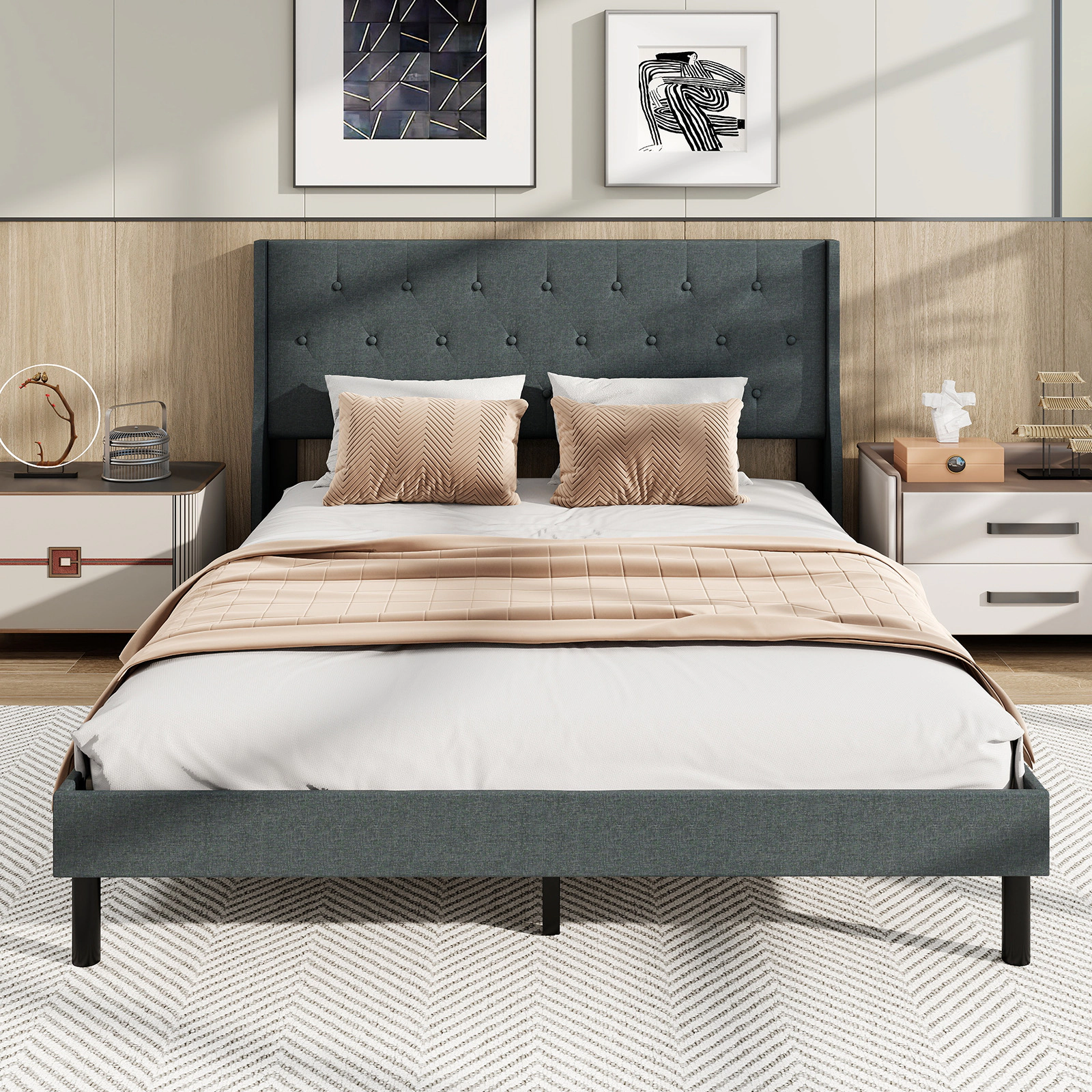 LJG Queen Size Upholstered Bed Frame with Button Tufted Wingback Headboard and Wooden Slats Support Mattress Foundation