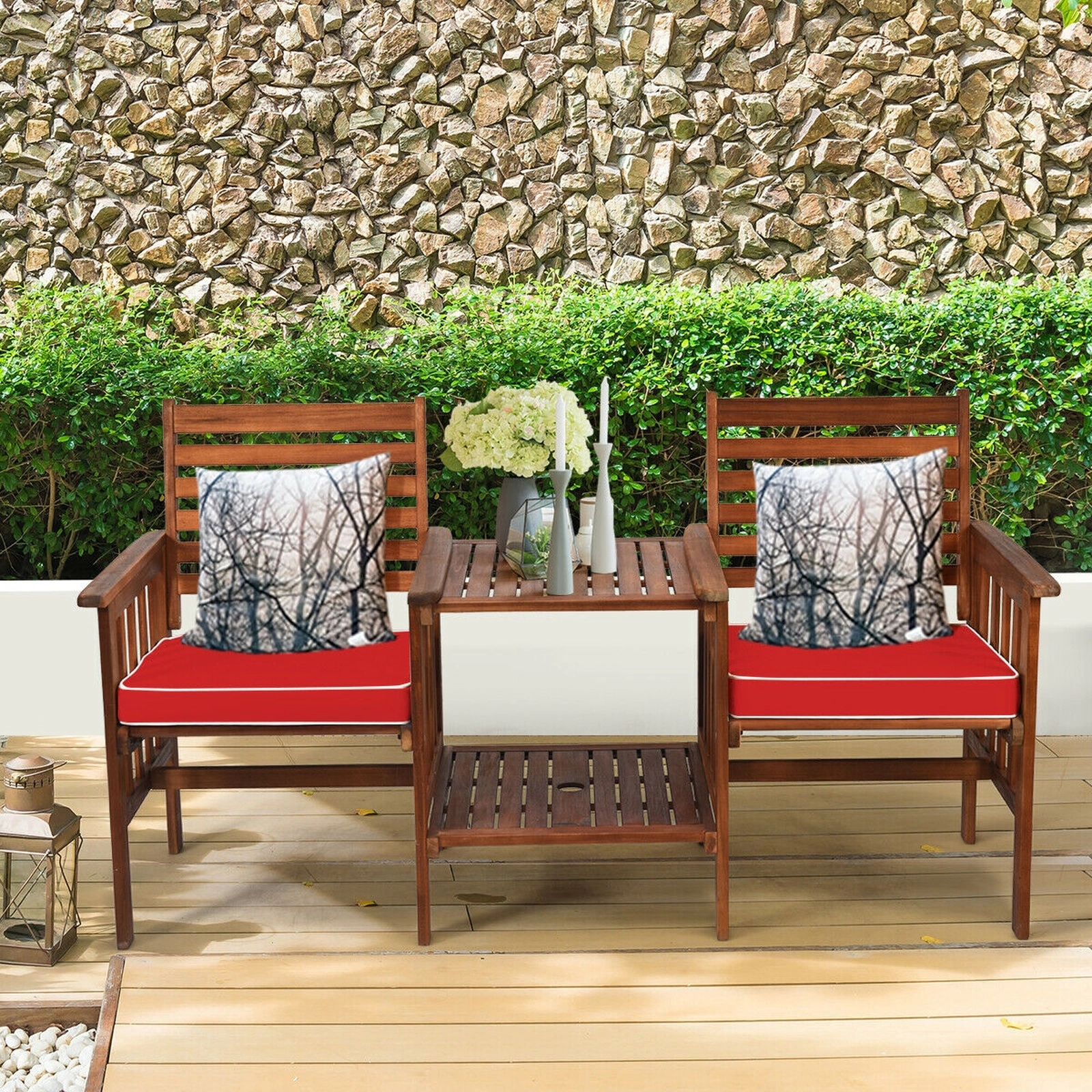 SUGIFT Natural Acacia Wood Patio Loveseat with Center Table and Umbrella Hole