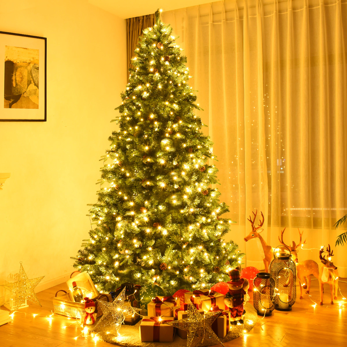 Costway 7Ft/7.5FT/8FT Pre-Lit Christmas Tree Hinged 460/540/600 Lights