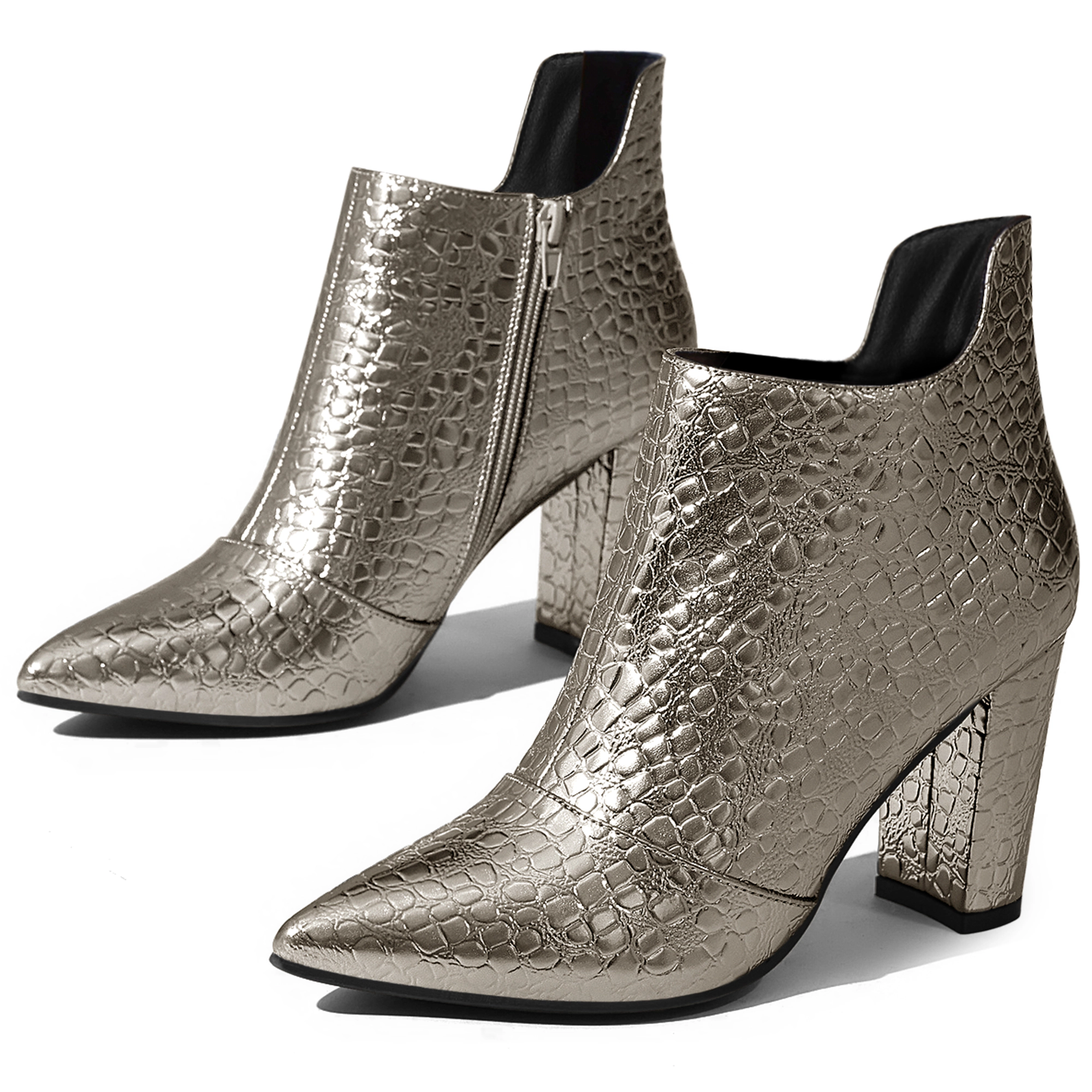 BLISSFUL STEP Women Stone Printed Pointed Toe Chunky Heel Ankle Boots Side Zip