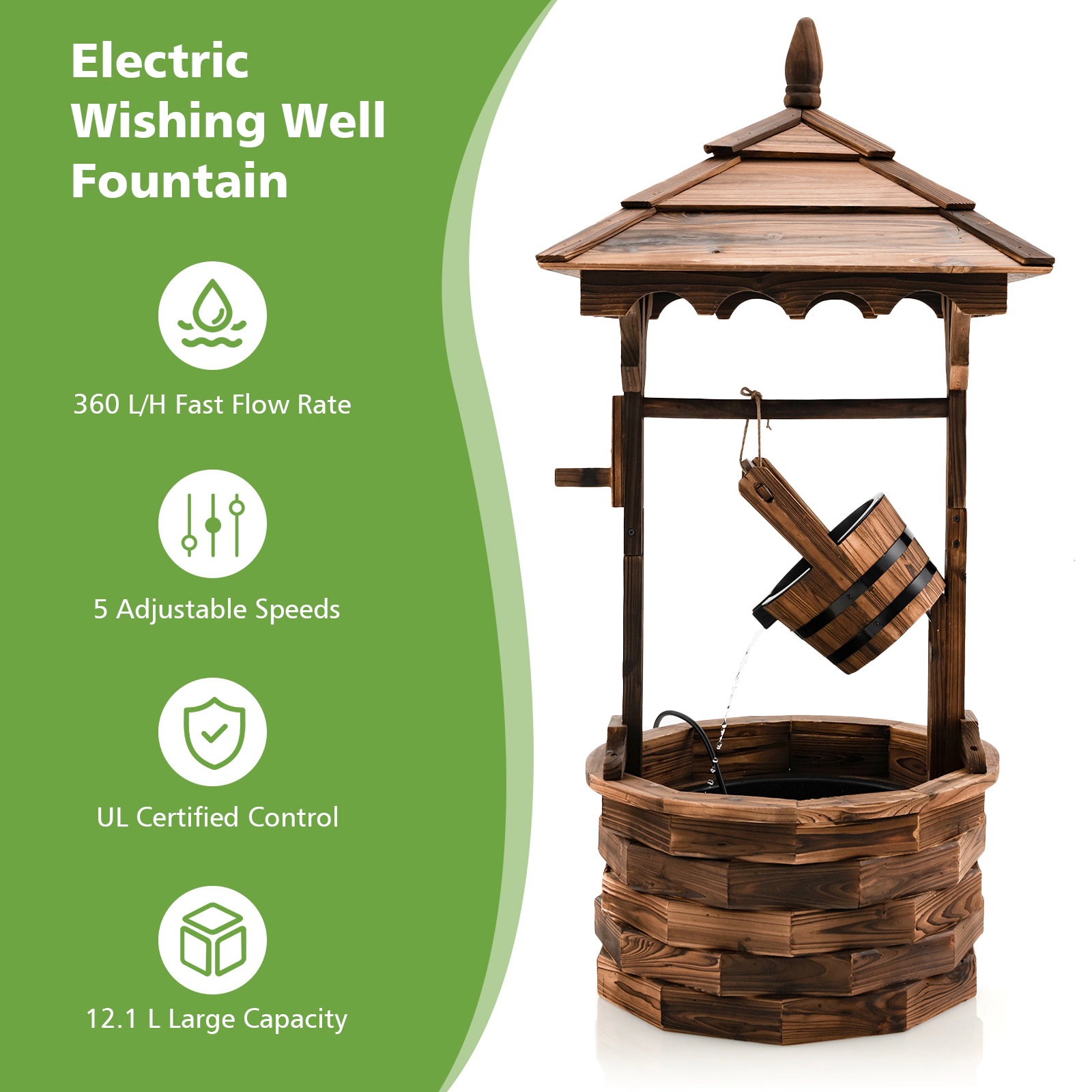 SUGIFT Patio Wooden Water Fountain Brown Wishing Well with Electric Pump