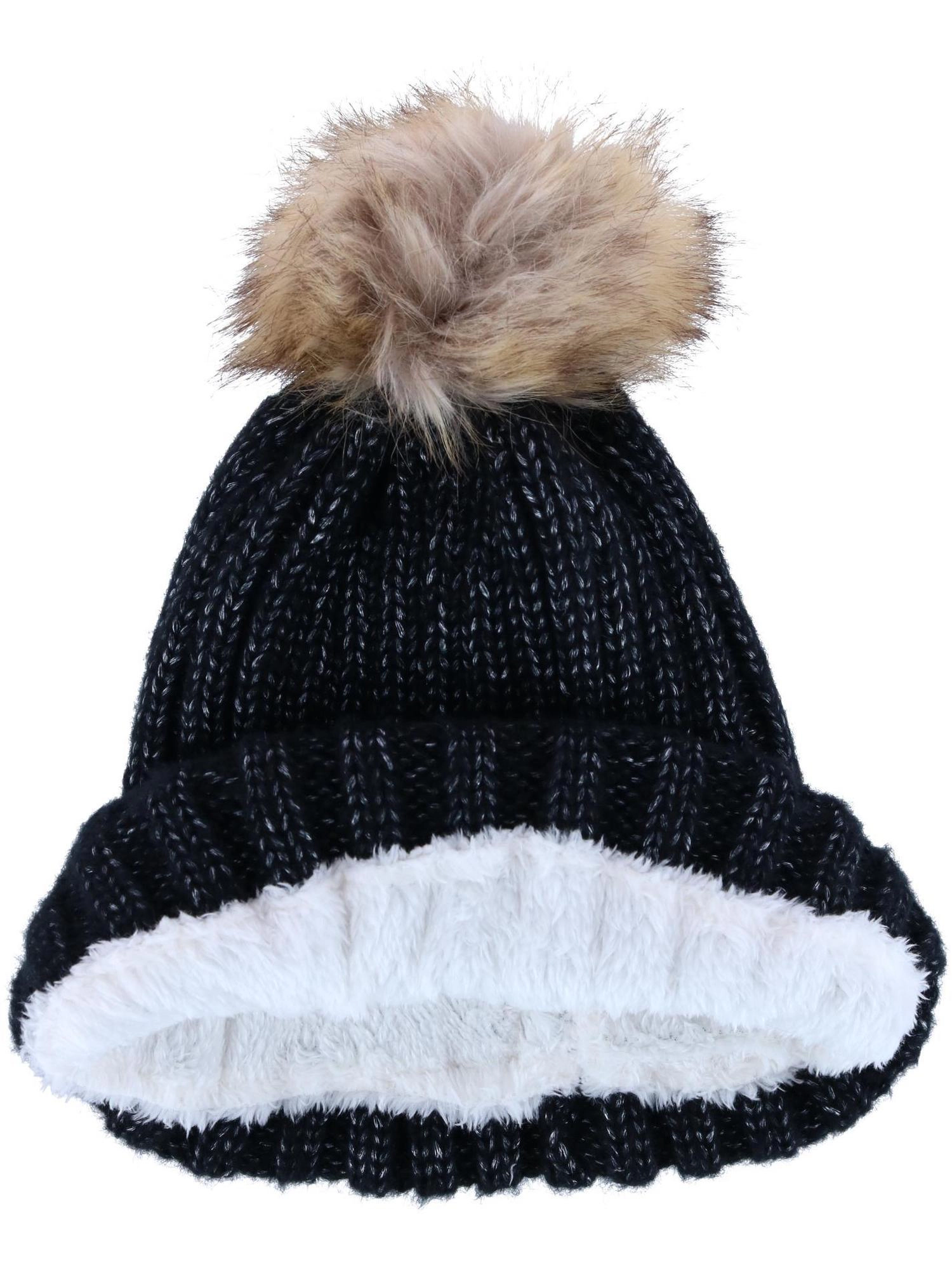 CTM Women's Metallic Shimmer Winter Knit Lined Beanie with Pom