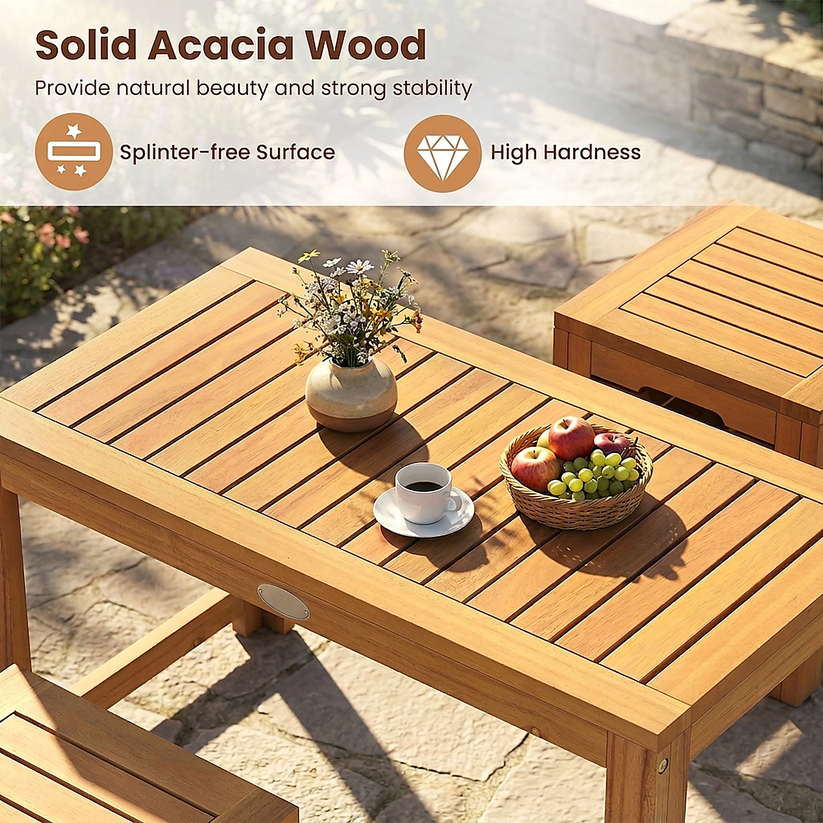 SUGIFT 2 Storage Stools 3-Piece Natural Acacia Wood Patio Coffee Table Set
