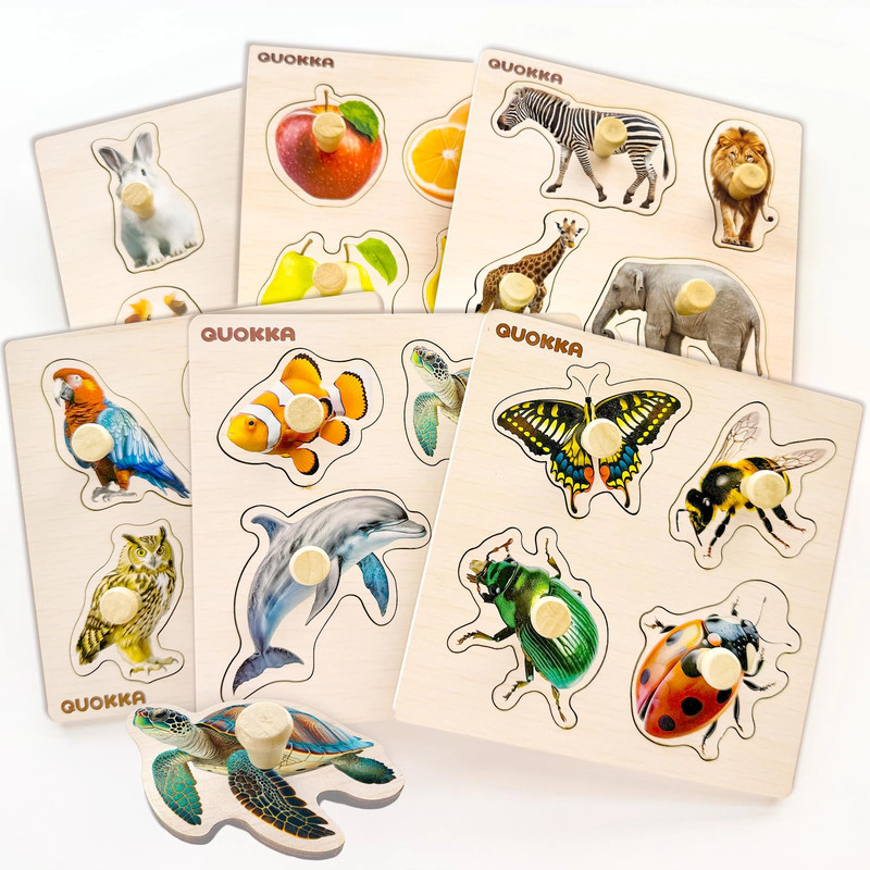 QUOKKA Wooden Peg Puzzle Set for Toddlers Ages 1–3, 6-Pack Animal, Fruit, Vehicle & Shape Puzzles