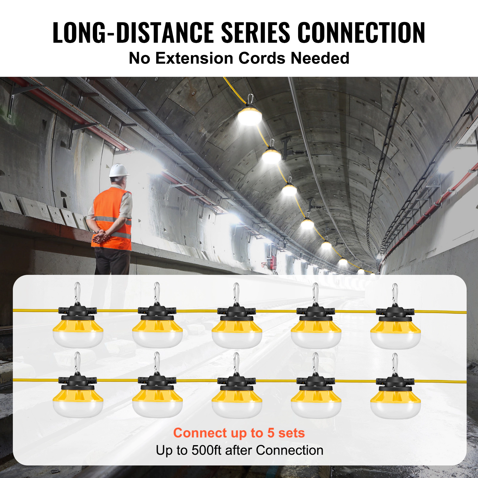 HONGGE 100FT Construction String Lights, 10PCs Work Light, IP65 Waterproof, with Hanging Hooks