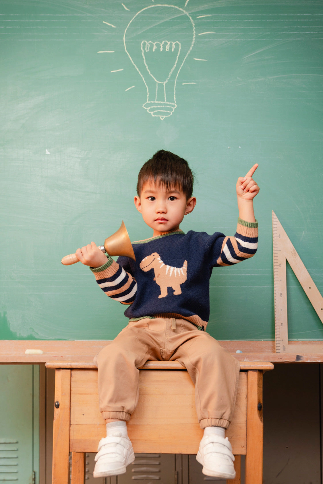 Deux par Boys Knit Crewneck Sweater with Dino Intarsia and Striped Ribbed Trim