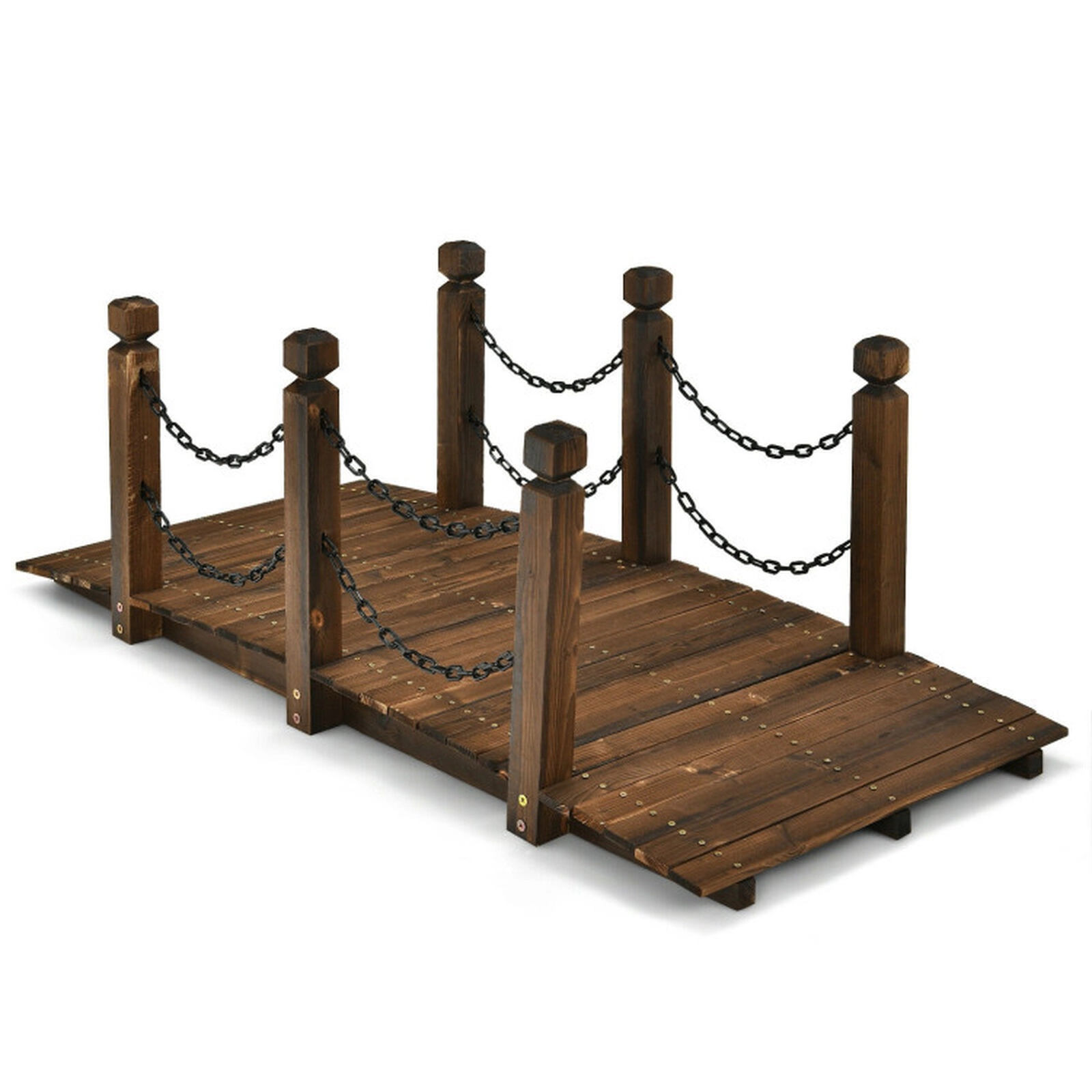 SUGIFT 5-Ft Brown Stained Fir Wood Arc Garden Bridge with Safety Rails 60-in W 26.5-in D 22-in H