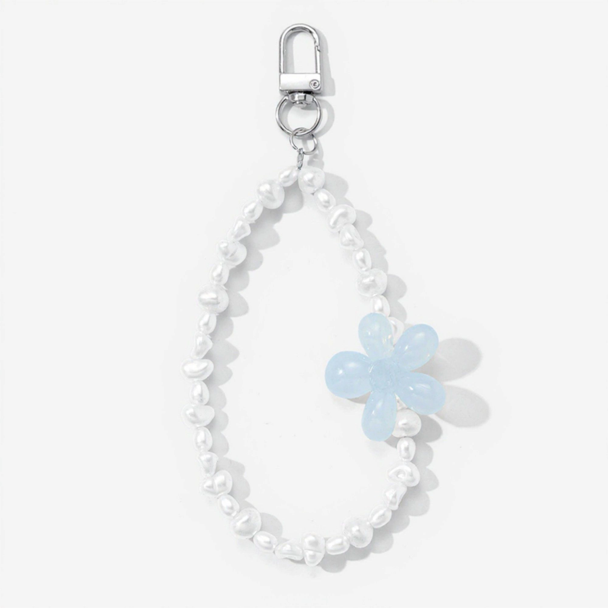Alilang Women's 2-Piece Blue Beaded Keychain with Flower Charm and Silver Star Accents