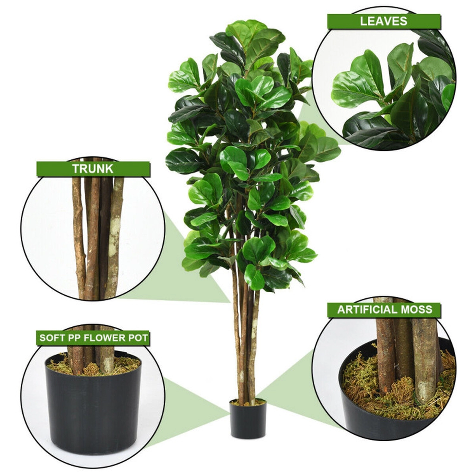 SUGIFT 6-ft Artificial Fiddle Leaf Fig Tree with 232 Leaves Stout Trunks and Moss-Topped Planter